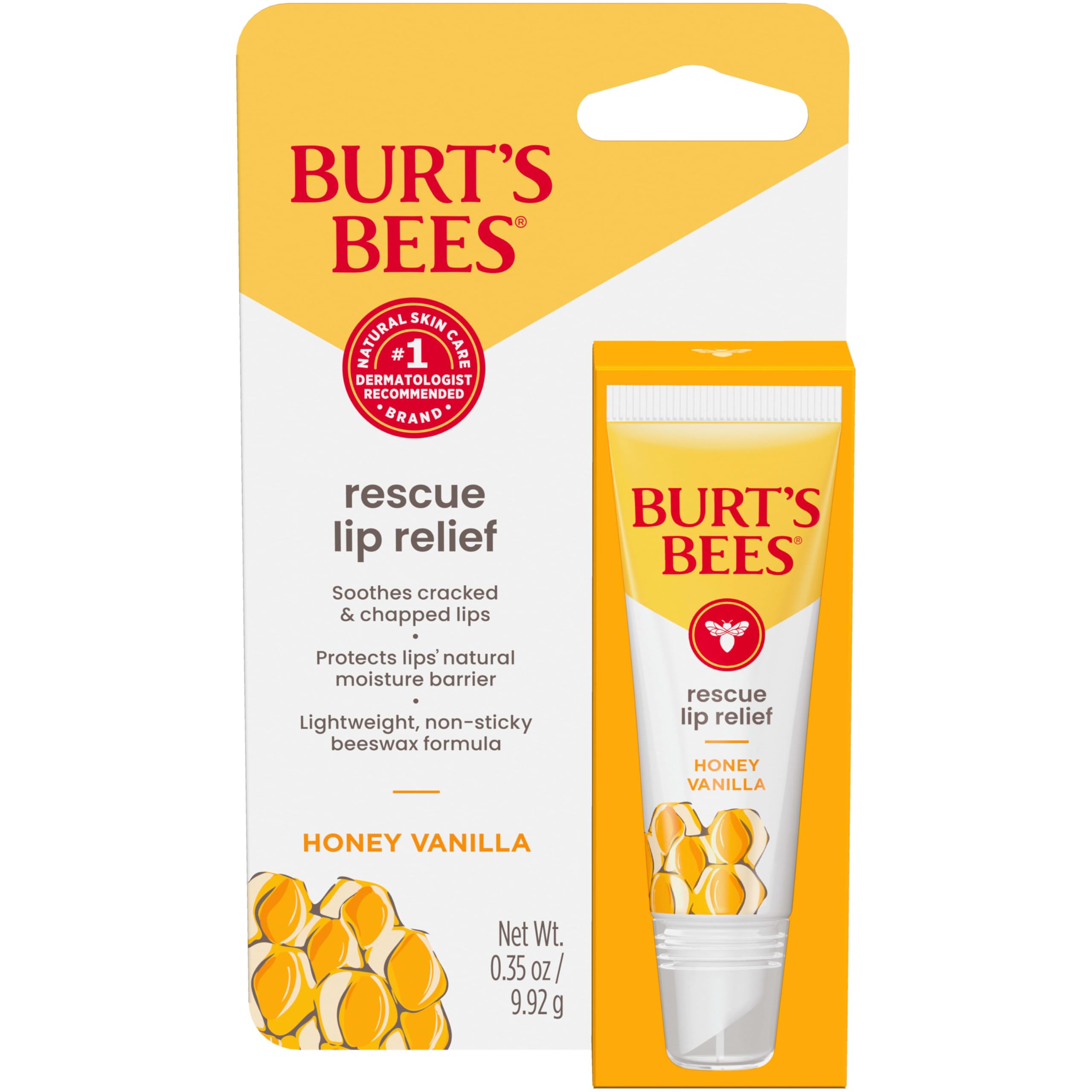 Burt's Bees Rescue Lip Relief, Honey Vanilla, Hydrating Lip Balm for Dry Cracked Lips, with Responsbily Sourced Beeswax and Shea Butter, 100% Natural Origin, 1 Squeezy Tube, 0.35oz