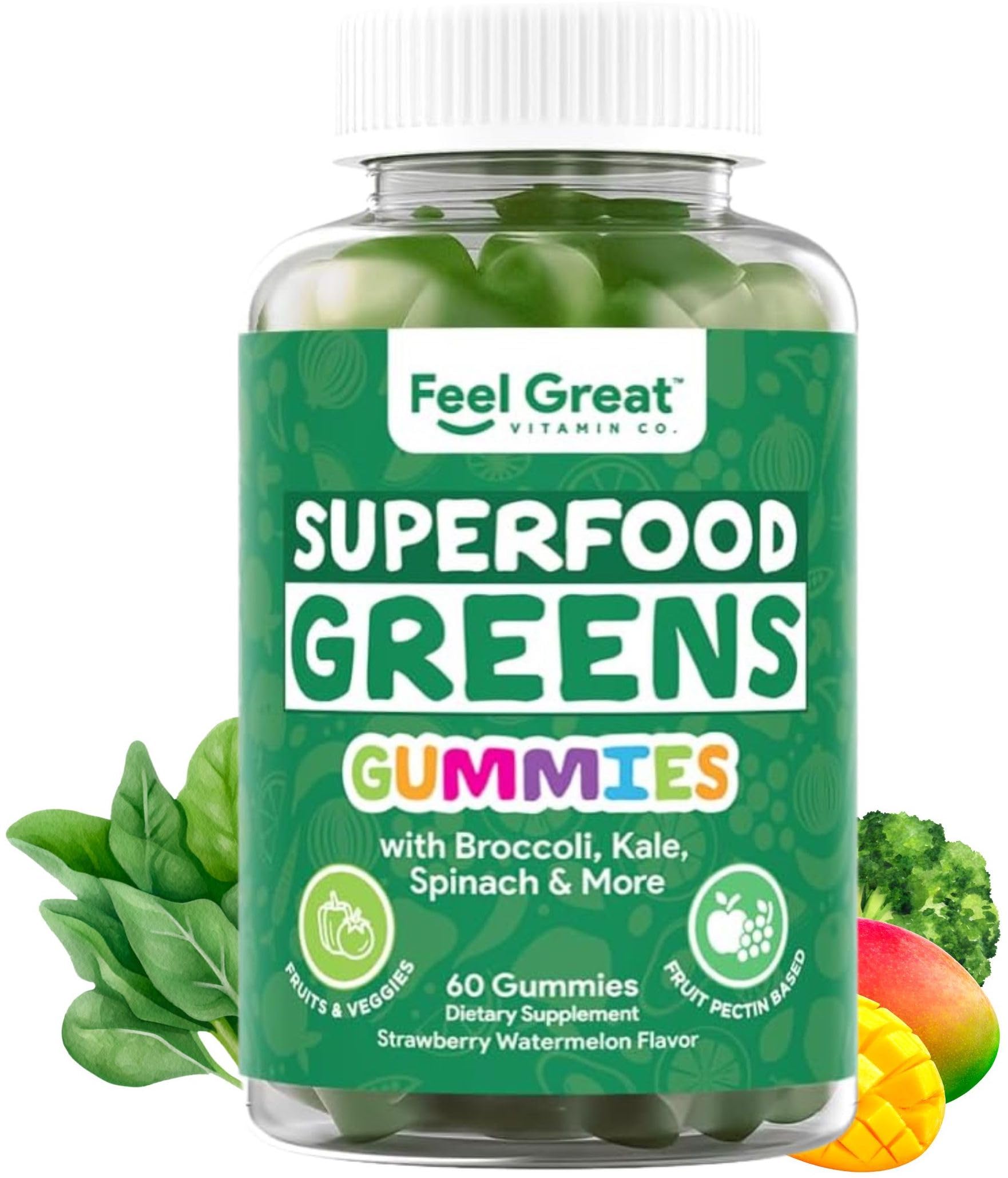 Super greens Gummies - Green Superfoods Supplement with Spinach, Broccoli, Kale, Beet Root, Elderberry for Immunity Support - Fruit and Vegetable Supplement - Watermelon Flavor, 60 Gummies