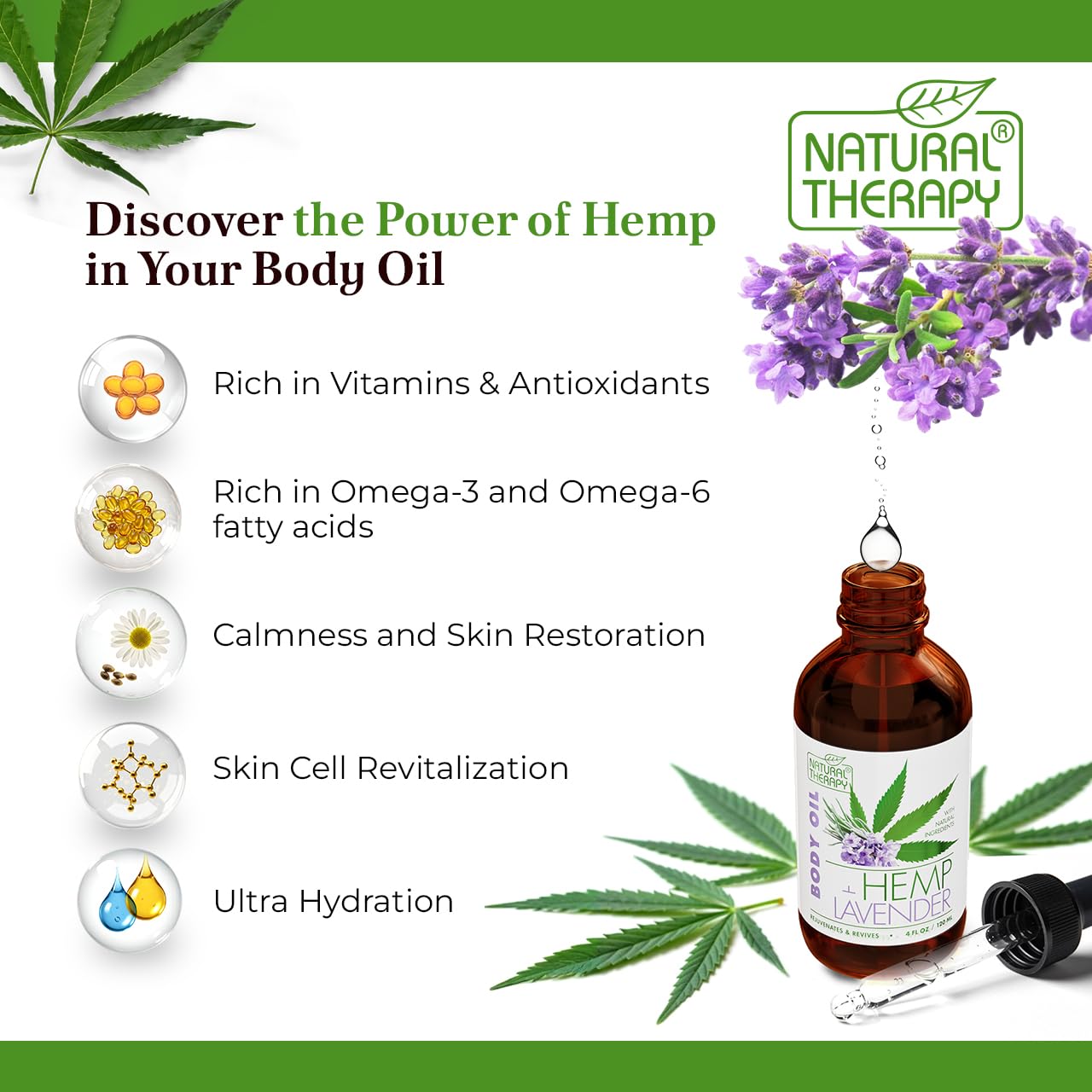 Natural Therapy Hemp & Lavender Body Oil – Moisturizing Body Oil – Hydrate & Soften Skin – Increase Skin Elasticity and Provide Anti-Aging Support (4 Fl.Oz)