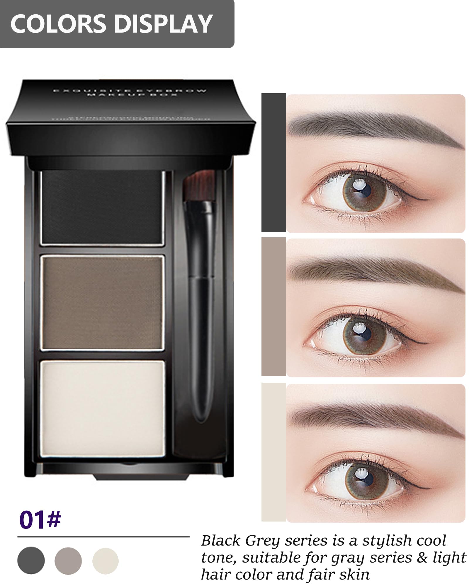 Eyebrow Powder Makeup Kit-3 Colors Eye Brow Powder Palette Long-Lasting Waterproof, Black Brown Series Brow Powder, Fill & Sculpt Full Eyebrows for Women, With Mirror, Brow Brush & Razor-Set 01
