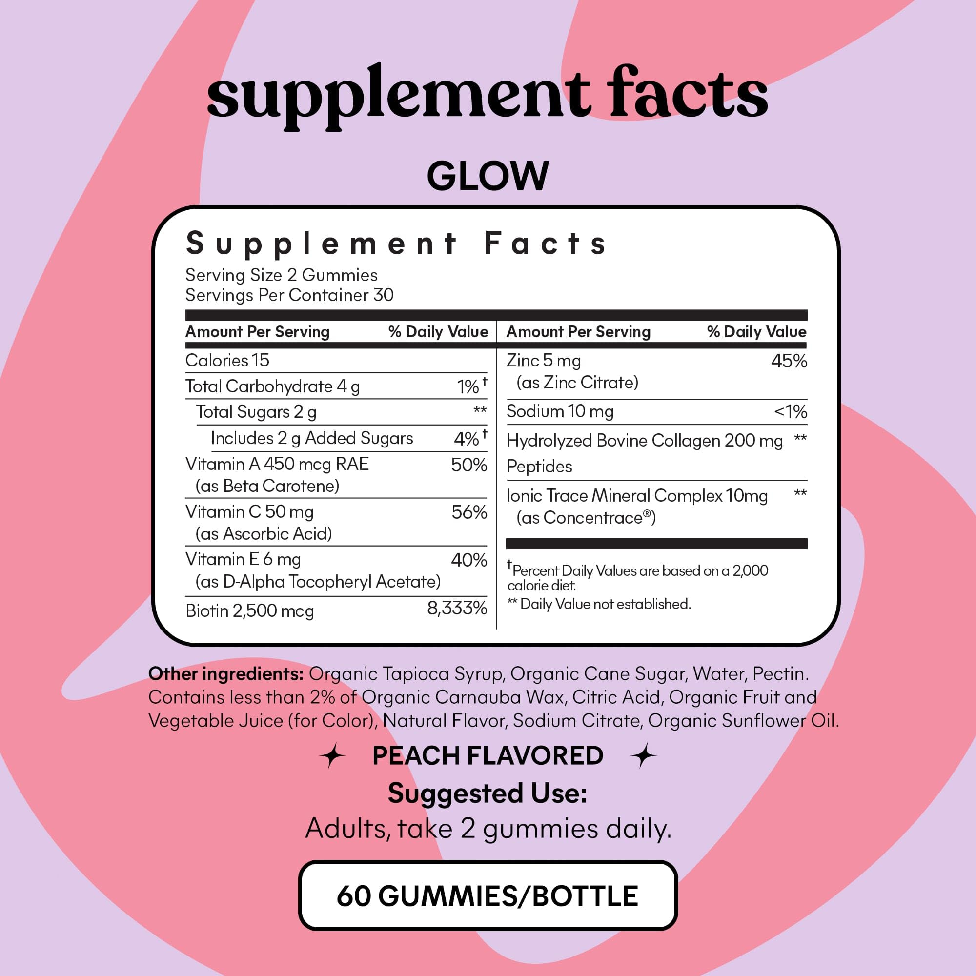 Lemme Glow Collagen Gummies for Thick Hair, Strong Nails & Healthy Skin with Multi-Collagen Peptides, Biotin, Trace Minerals, Zinc, Vitamins A, C & E, Dairy & Gluten Free, Peach Flavor, 60 ct.