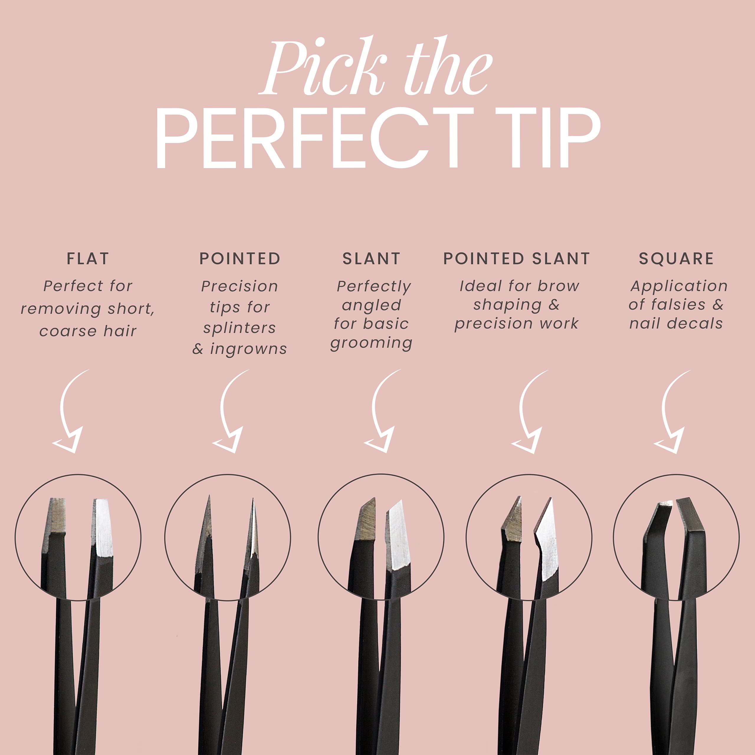 Tweezers Set 5-piece - Tweezer Guru Stainless Steel Slant Tip and Pointed Eyebrow Tweezer Set - Great Precision for Facial Hair, Ingrown Hair, Splinter and Blackhead Remover (Black) (5-Pack)