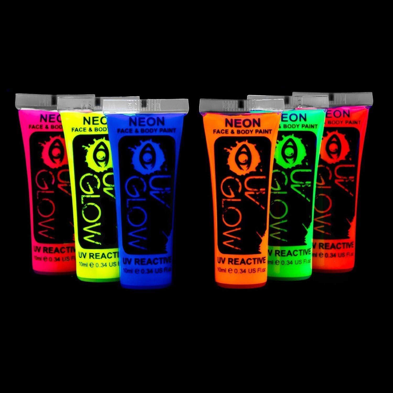 UV Glow Neon Face and Body Paint 10ml - Set of 6 Tubes - Fluorescent