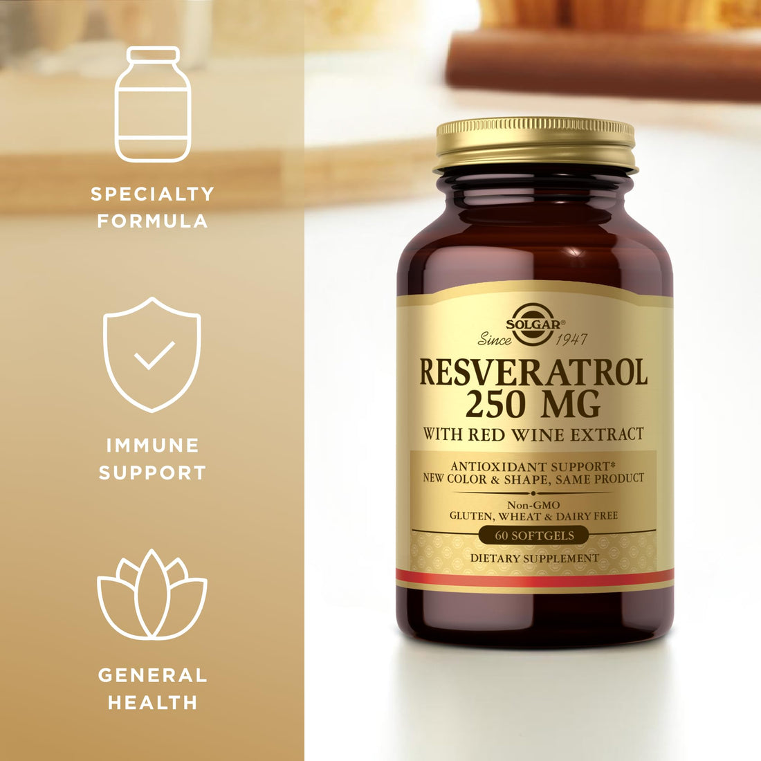Solgar Resveratrol 250 mg with Red Wine Extract - 60 Softgels - Antioxidant Support - Non-GMO, Gluten Free, Dairy Free - 60 Servings