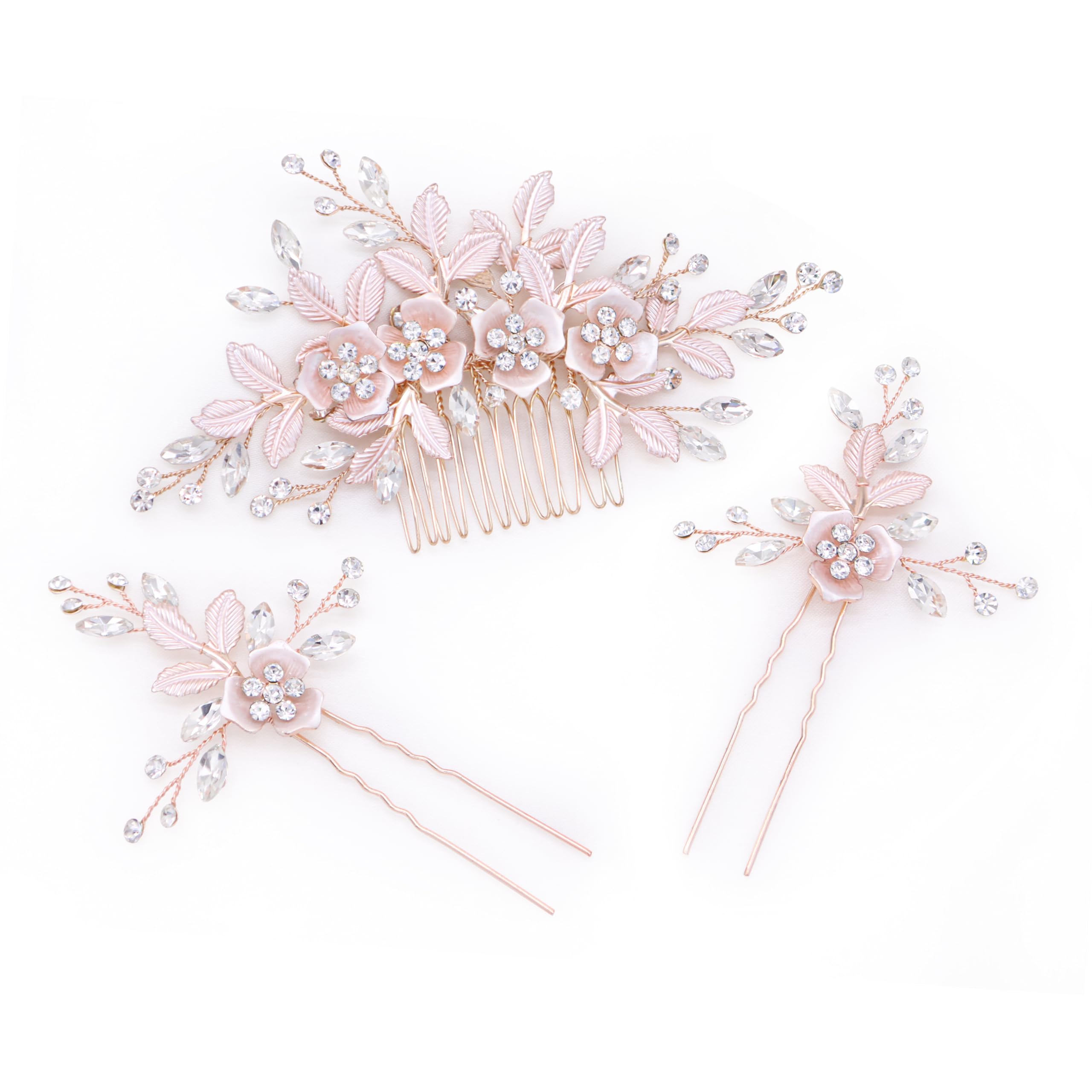 Ammei Rose Gold Hiair Side Comb With 2 Set Hair Pins Bridal Hair Accessories Weding Headpiece Set