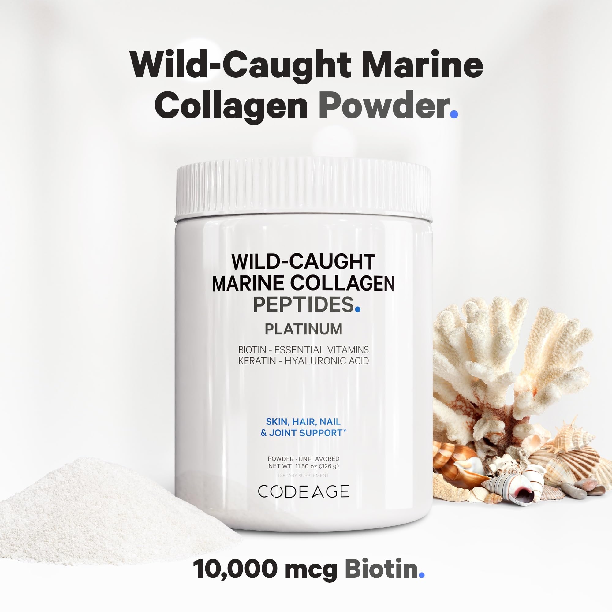Codeage Marine Collagen Protein Powder Supplement Platinum - Biotin 10,000 mcg, Vitamin C, D3 & B6, Keratin, Hyaluronic Acid, Niacin, Wild Caught Hydrolyzed Fish Collagen Peptides - Non-GMO - 11.50 oz