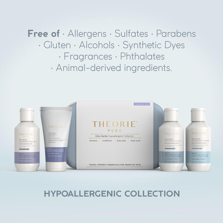 THEORIE PURE Travel Size Toiletries Set - Hypoallergenic Shampoo, Conditioner, Body Wash & Body Scrub - Fragrance-Free, No Sulfates or Parabens - Clean Beauty Essentials for Hair & Skin