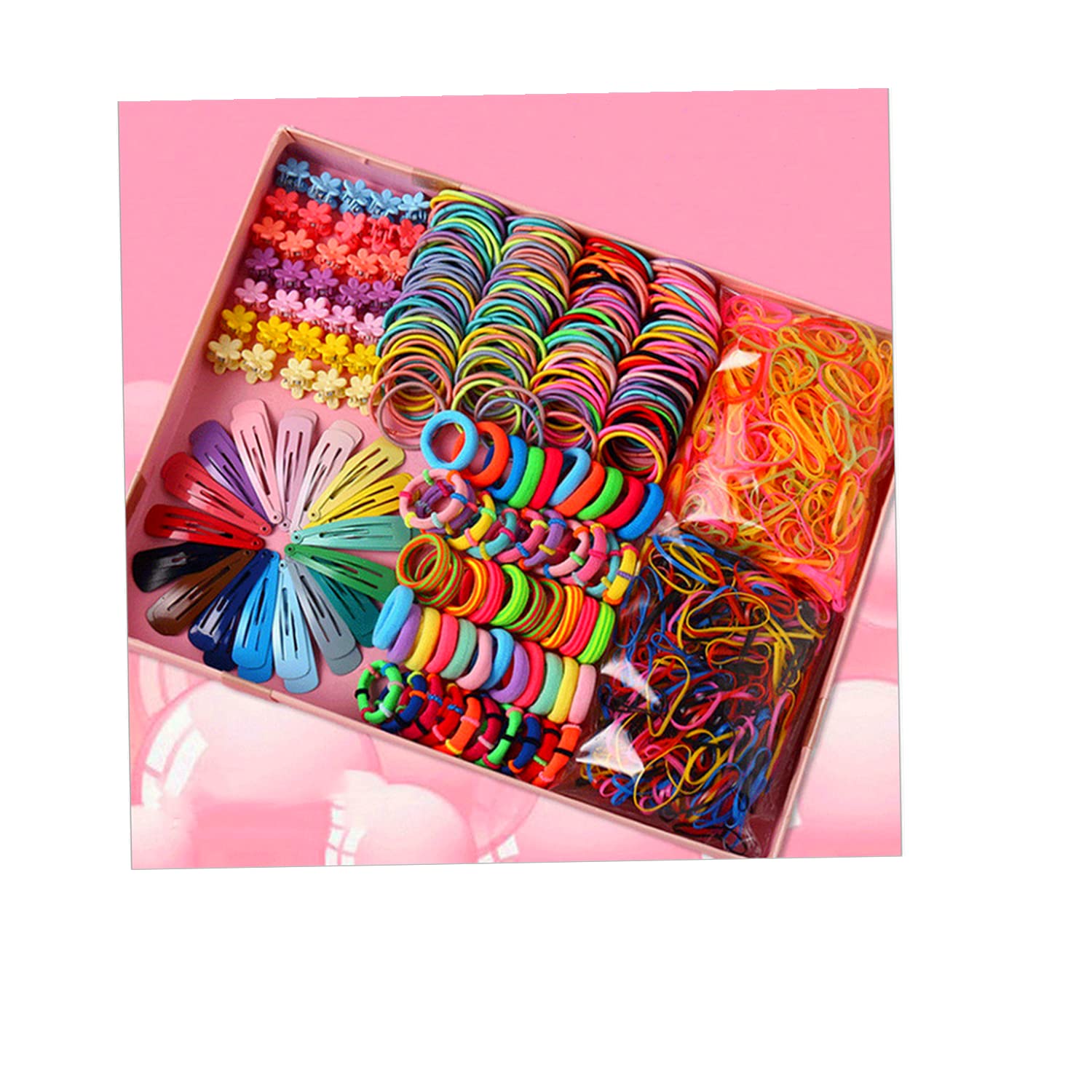 Funern 780 PCS Girls Hair Accessories Set, Elastic Hairbands Small Hair Ties, Slip Metal Snap Hair Clips Barrettes for Kids Teens Women, Pink, 7.5*5*1.5 IN
