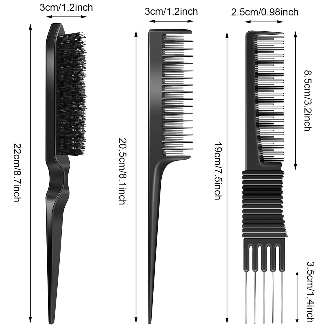 3 Pieces Pick Teasing Combs Hair Brush Set Includes Black Carbon Lift Teasing Combs with Metal Prong, Triple Pin Rat Tail Comb, Nylon Bristle Hair Comb Brush for Women (Black)