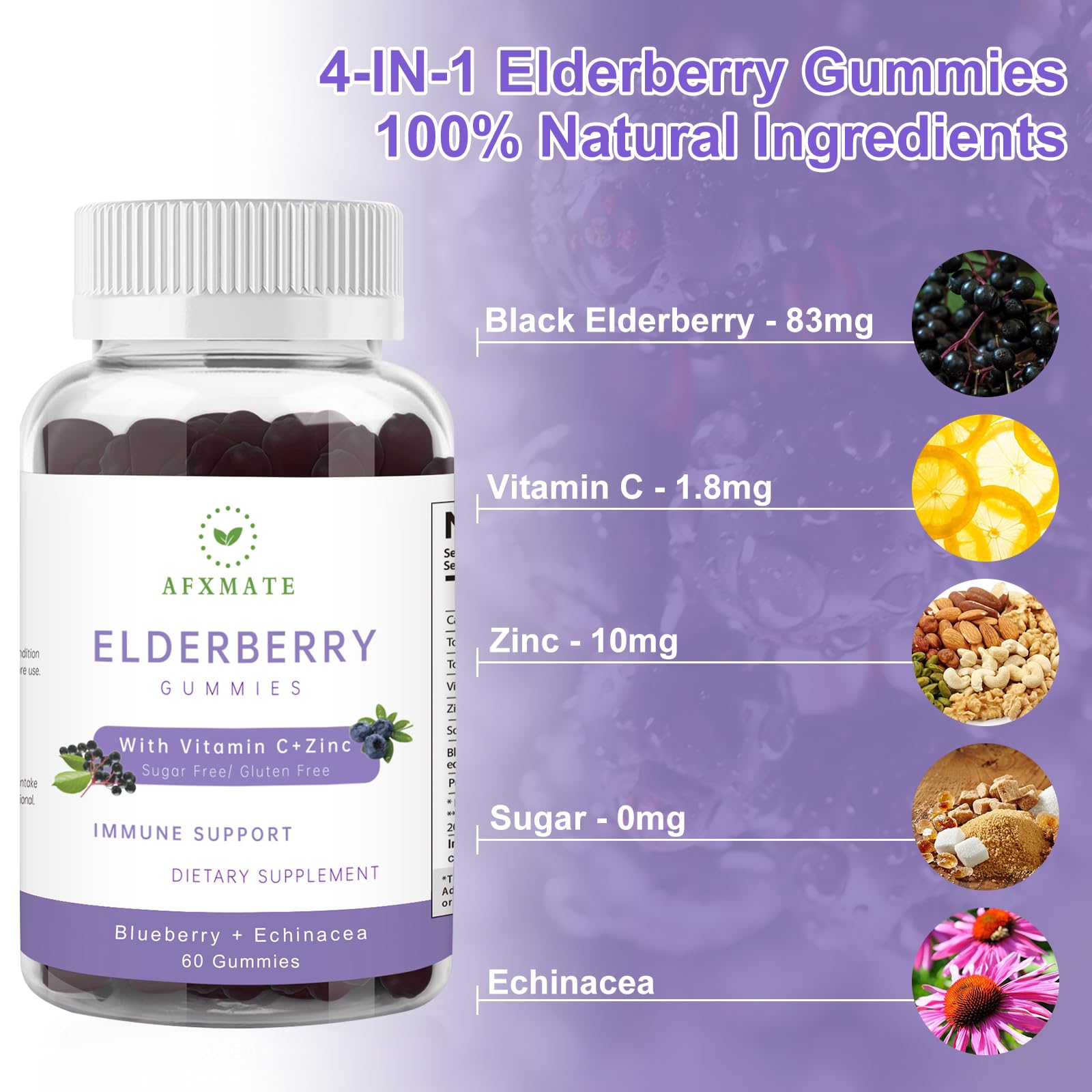 AFXMATE Sambucus Elderberry Gummies, Black Elderberry Gummy with Zinc and Vitamin C for Adults, Sugar Free Kids Multivitamin Gummies Immune Support* Supplement (2 Pack)