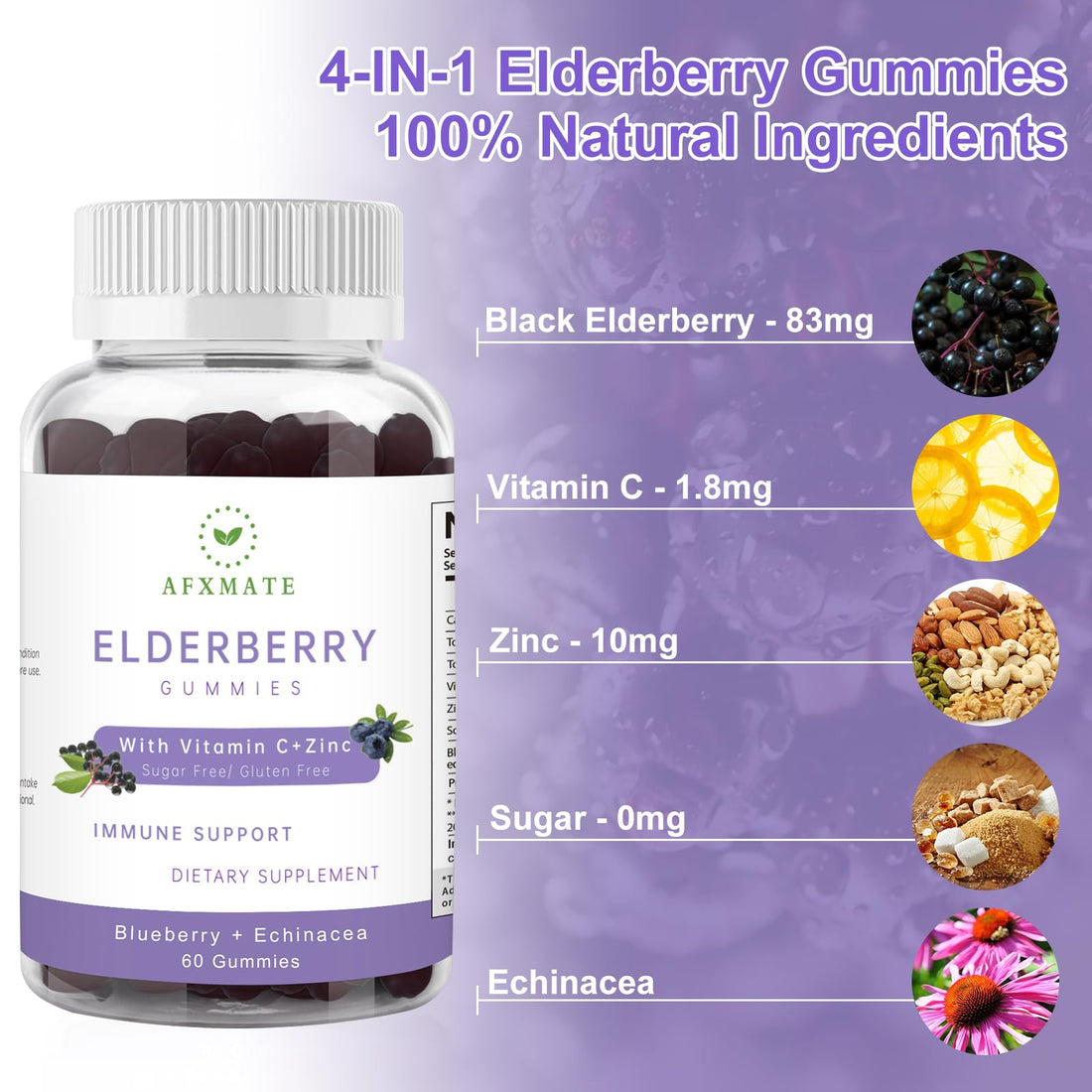 AFXMATE Sambucus Elderberry Gummies, Black Elderberry Gummy with Zinc and Vitamin C for Adults, Sugar Free Kids Multivitamin Gummies Immune Support* Supplement (2 Pack)