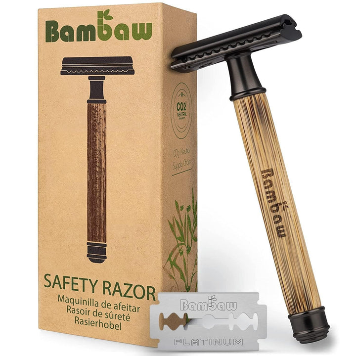 Bambaw Single Blade Razors for Men & Women, Bamboo Razor with 5 Blades, Double Edge Safety Razor, Eco-Friendly, Reusable & Plastic Free – Slim Bamboo Black
