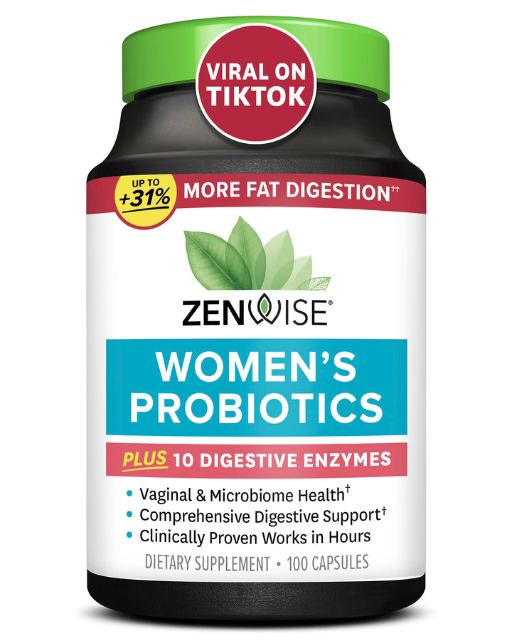 Zenwise Health Probiotics for Women - Digestive Enzymes for Bloating Relief, Vaginal Health, and Gut Flora Health, Daily Women Probiotic & Prebiotic Supplement for Digestive Health - 100 CT