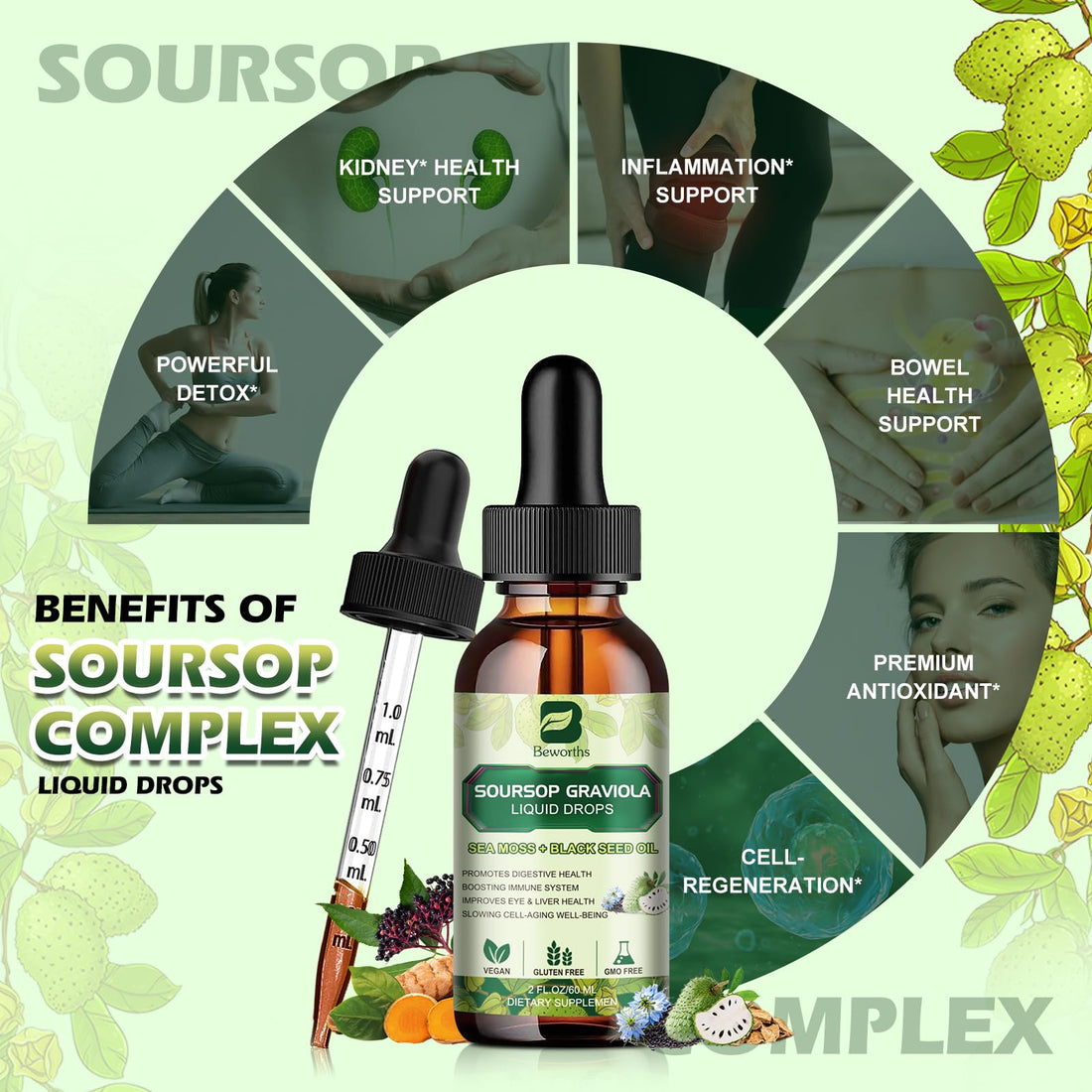 Soursop Bitters Liquid Drops, Soursop Graviola Multivitamin Drops with Sea Moss Black Seed Oil Supplement - Soursop Fruit Supports Antioxidant, Slowing Cell-Aging, Gut Cleanse, Detox & Immunity