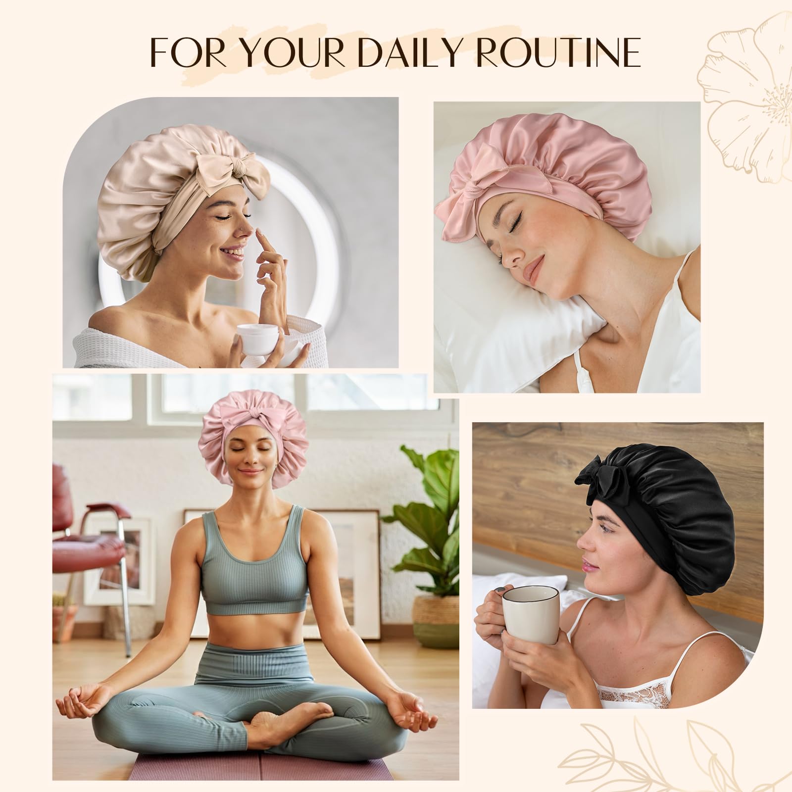 Yanibest 22 Momme 100% Mulberry Silk Bonnet for Sleeping Women Double Layer Sleep Bonnet with Tie for Long Curly Hair,Silk Sleep Cap