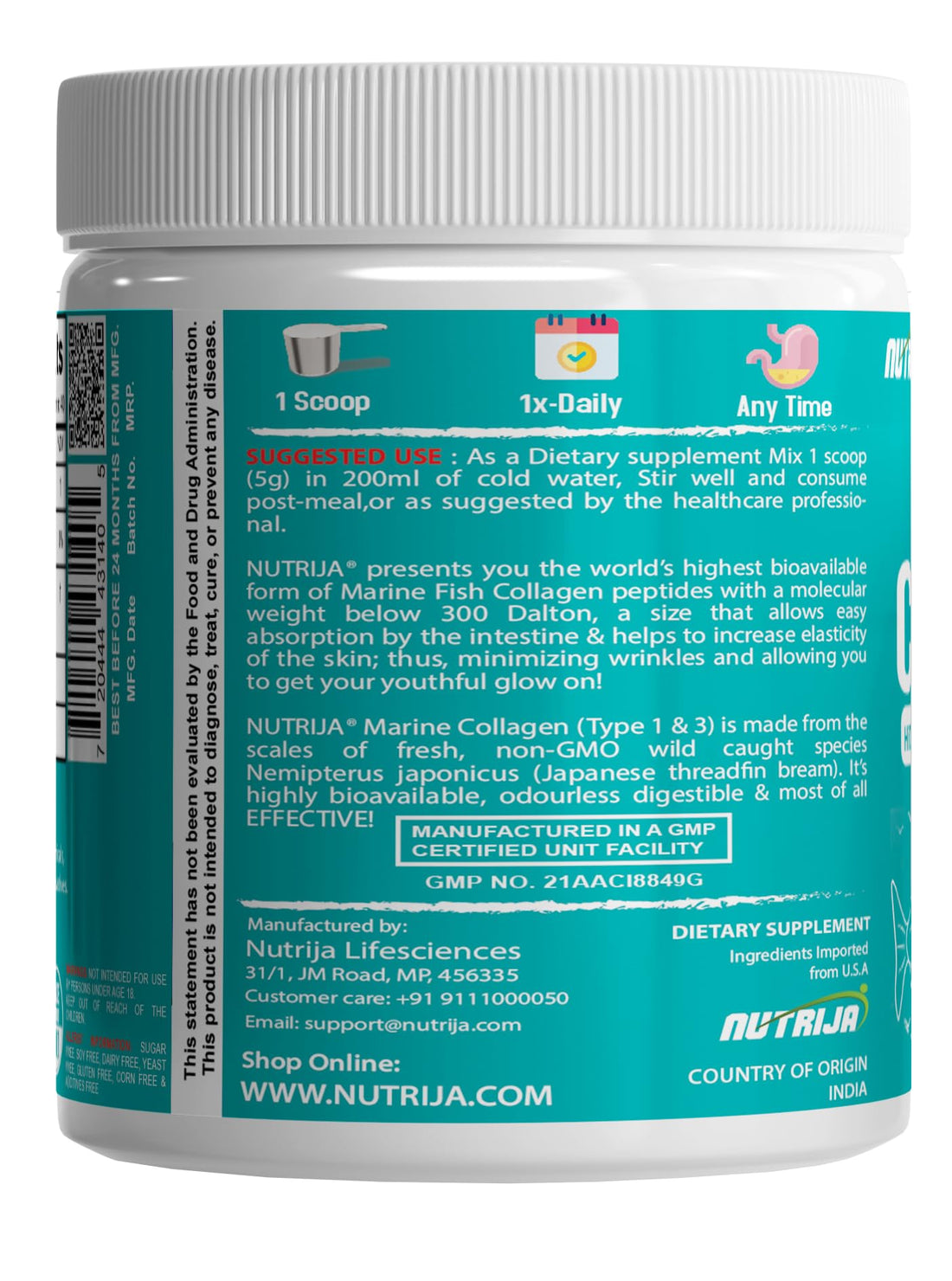 NutriJa Marine Collagen Peptides – Hydrolyzed Fish Collagen - Highly Bioavailable - Small Molecule Size 300Da (0.3 kDa) 200grams