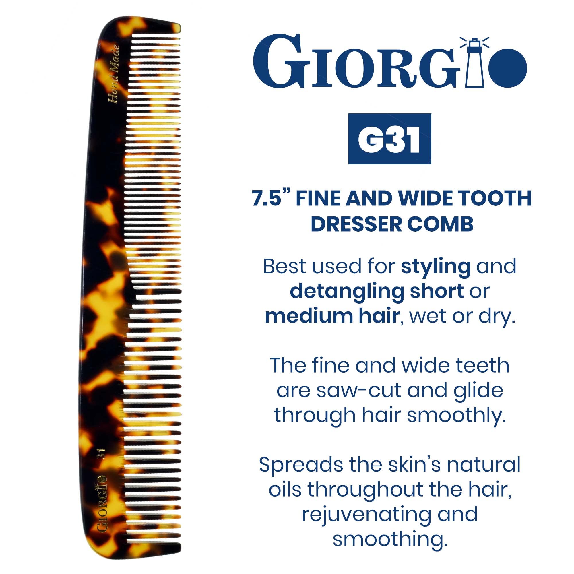 Giorgio G31 Double Tooth Hair Dressing Table Comb, Fine and Wide Tooth Dresser Comb For Hair, Beard and Mustache, Coarse and Fine Hair Styling Comb. Handmade Saw-Cut from Cellulose and Hand Polished