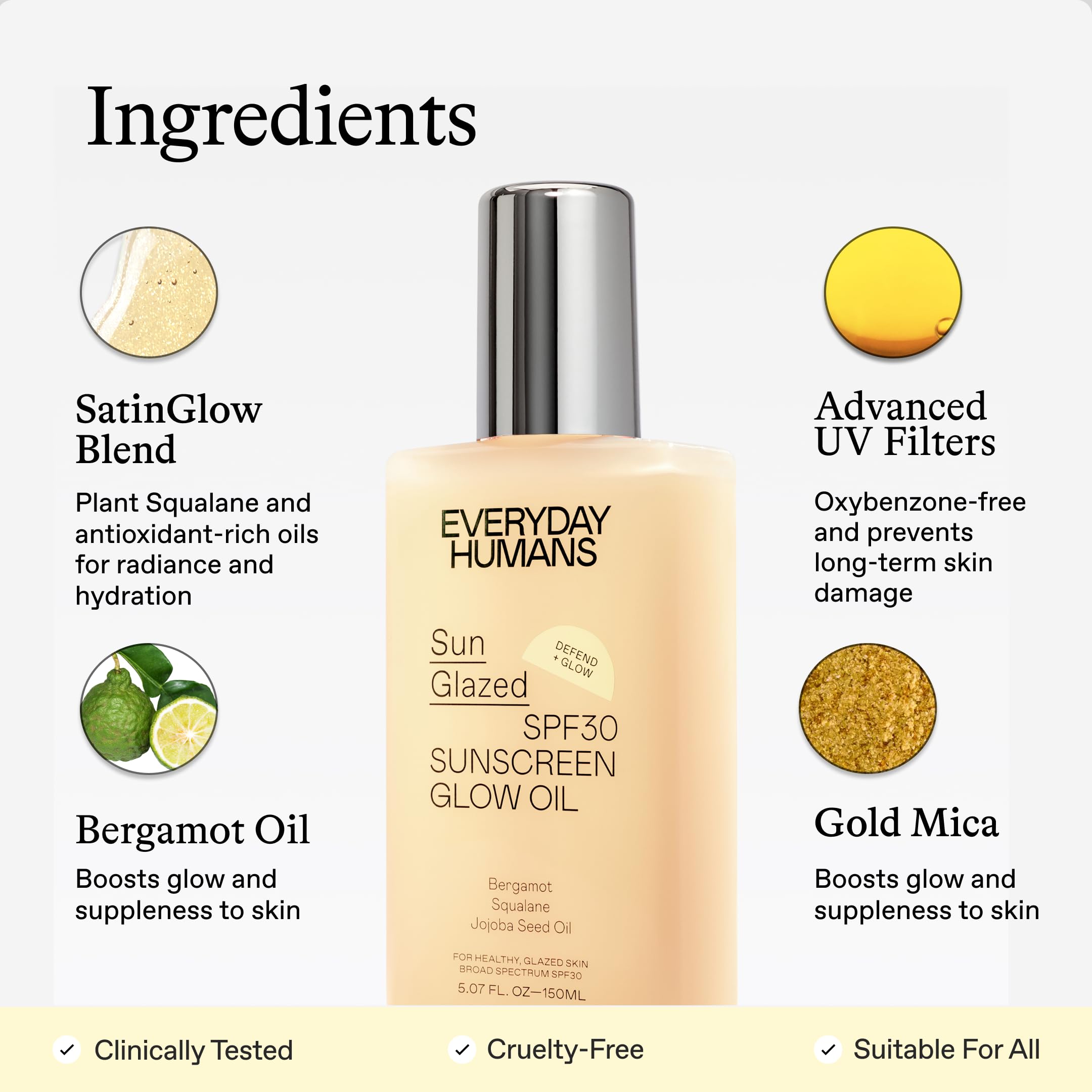 Everyday Humans Sun Glazed SPF30 Sheer Body Glow Oil with Gold Mica | Hydrating Non-Sticky Glowing UV Protection Cruelty Free 5.1 Fl Oz | Bergamot, Squalane, Jojoba Seed Oil | UVA/UVB Broad Spectrum