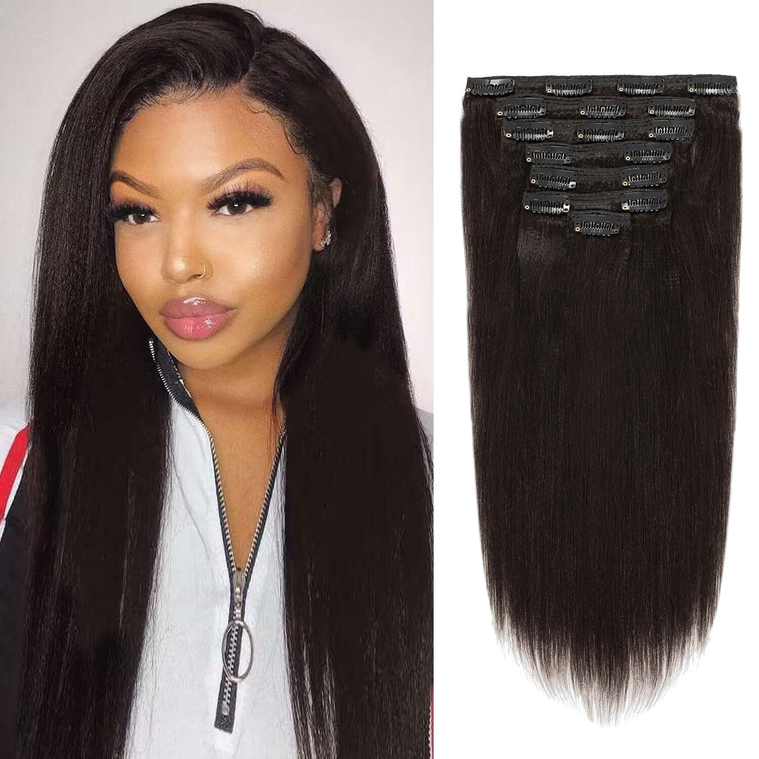 Italian Yaki Straight Hair Clip In Hair Extensions 100% Real Remy Human Hair 8A Grade Thick Virgin Hair Clip Ins 4C African Americans Full Head Natural Color For Black Women 7pcs/set 120g/set 10 Inch