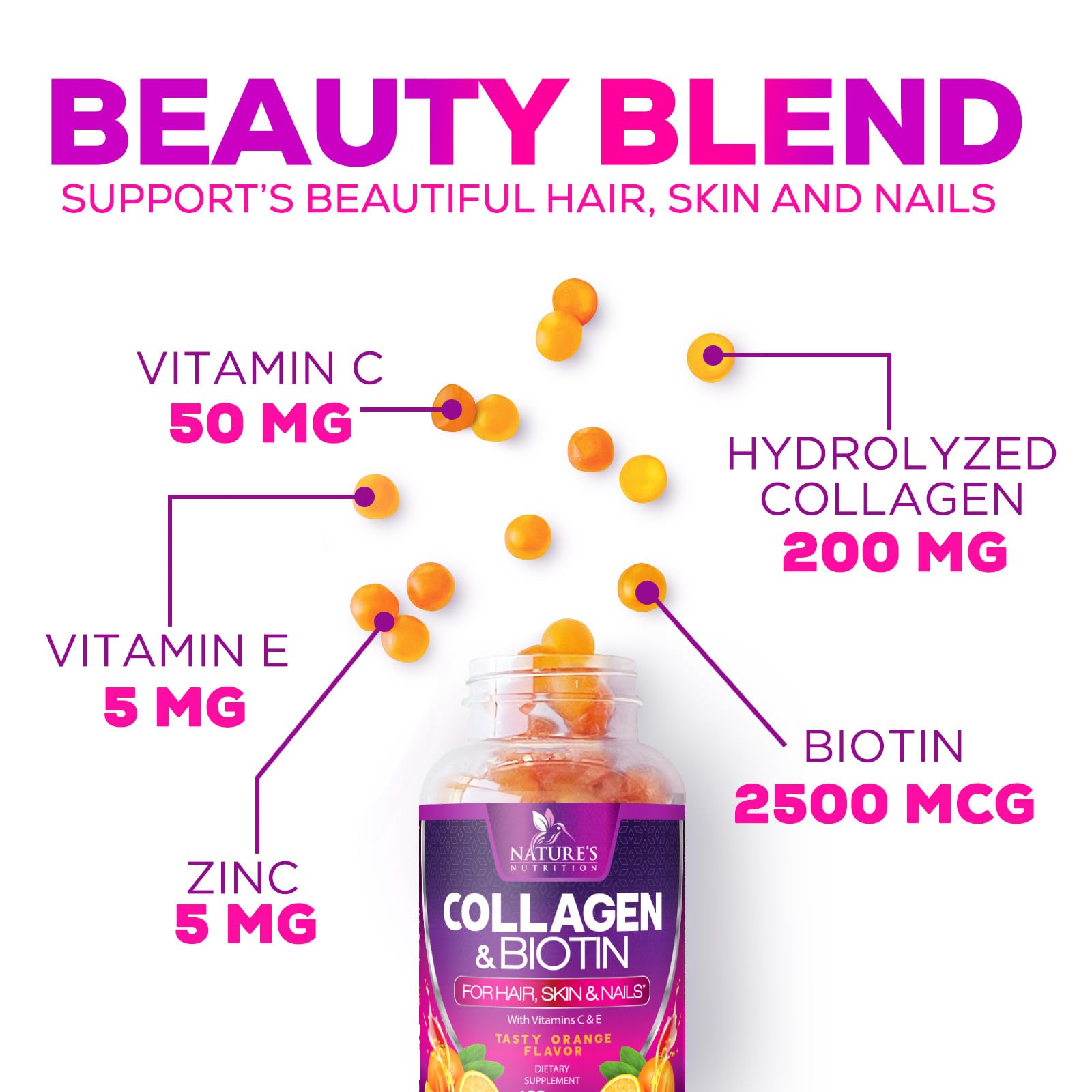 Collagen Gummies with 2500mcg Biotin, Vitamin C & Zinc - Hydrolyzed Collagen Peptide Type 1 & 3 Supplement - Advanced Hair, Skin & Nail Growth Support for Women & Men, Gluten Free, Non-GMO - 60 Count