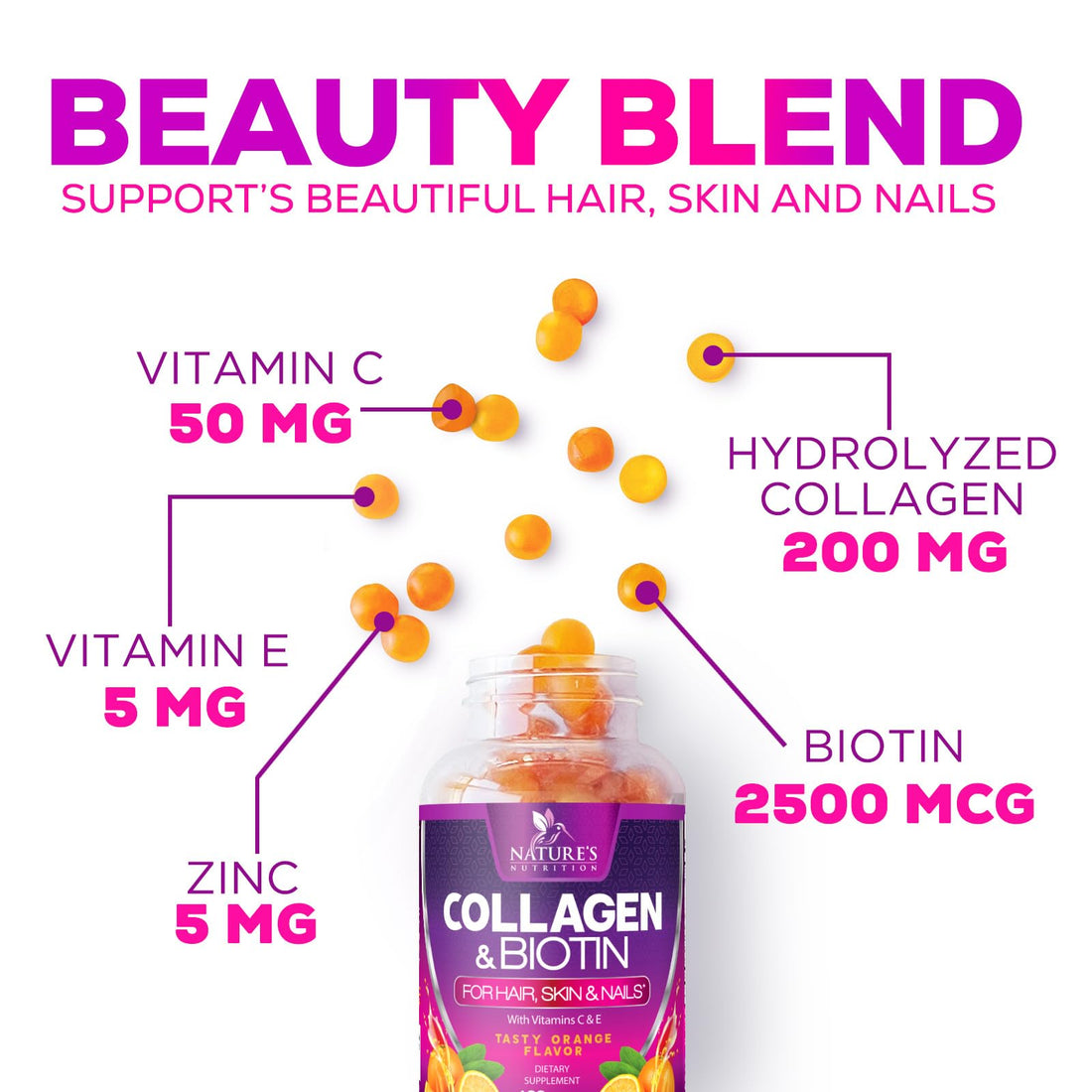 Collagen Gummies with 2500mcg Biotin, Vitamin C & Zinc - Hydrolyzed Collagen Peptide Type 1 & 3 Supplement - Advanced Hair, Skin & Nail Growth Support for Women & Men, Gluten Free, Non-GMO - 60 Count