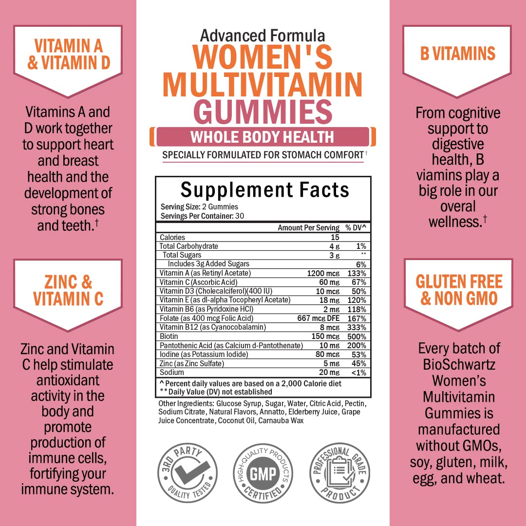Women's Multivitamin Gummies with Vitamin A C B6 B12 D & E Vitamins for Immune Support - Gummy Multivitamin for Women for Bone Breast Skin Joint & Energy Dietary Supplement, Mixed Berry Flavor, 60 Ct