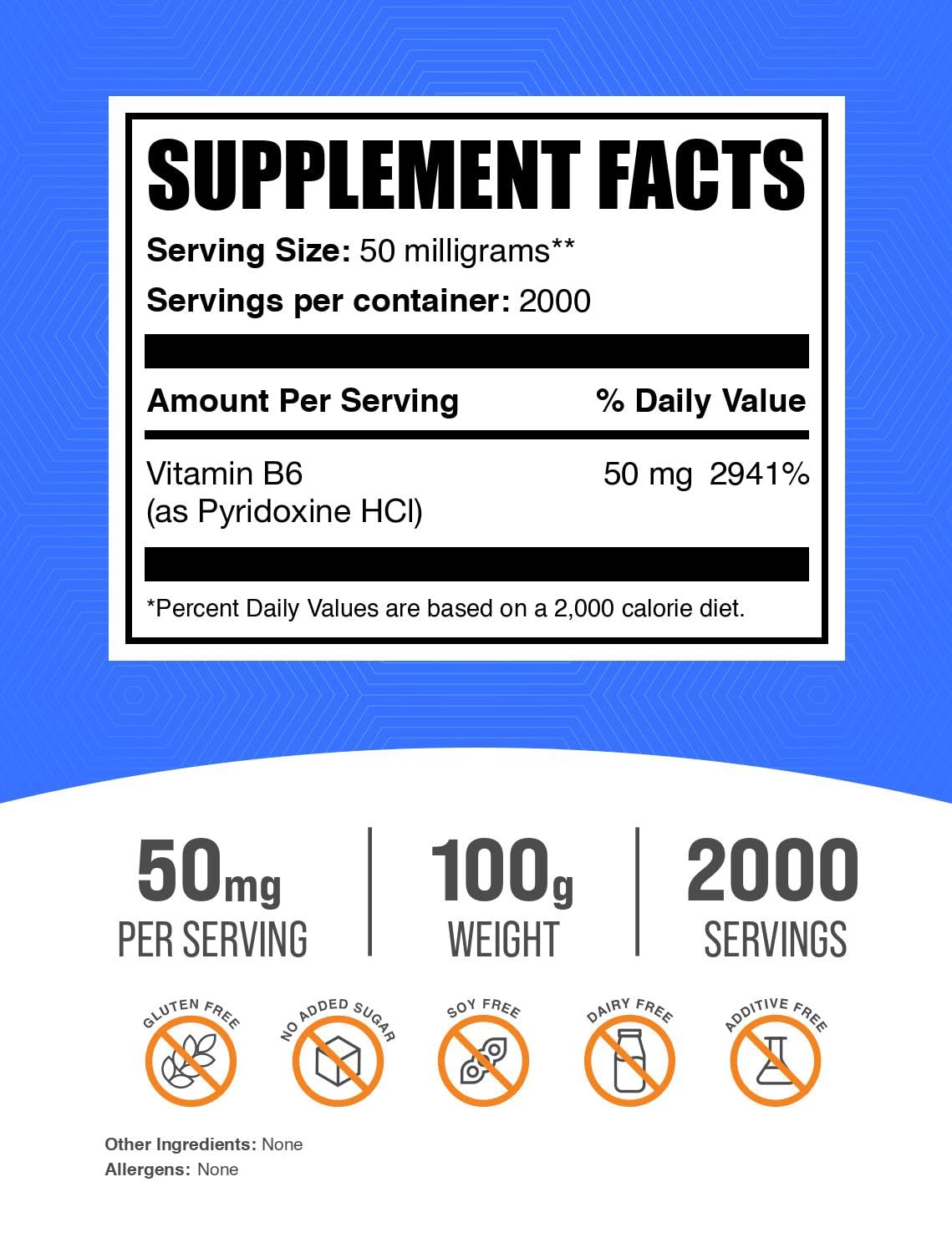 BulkSupplements.com Pyridoxine HCl Powder - Vitamin B6 Supplement, Vitamin B6 50mg - for Immune Support, Gluten Free, 50mg of Pyridoxine B6 per Serving, 100g (3.5 oz) (Pack of 1)