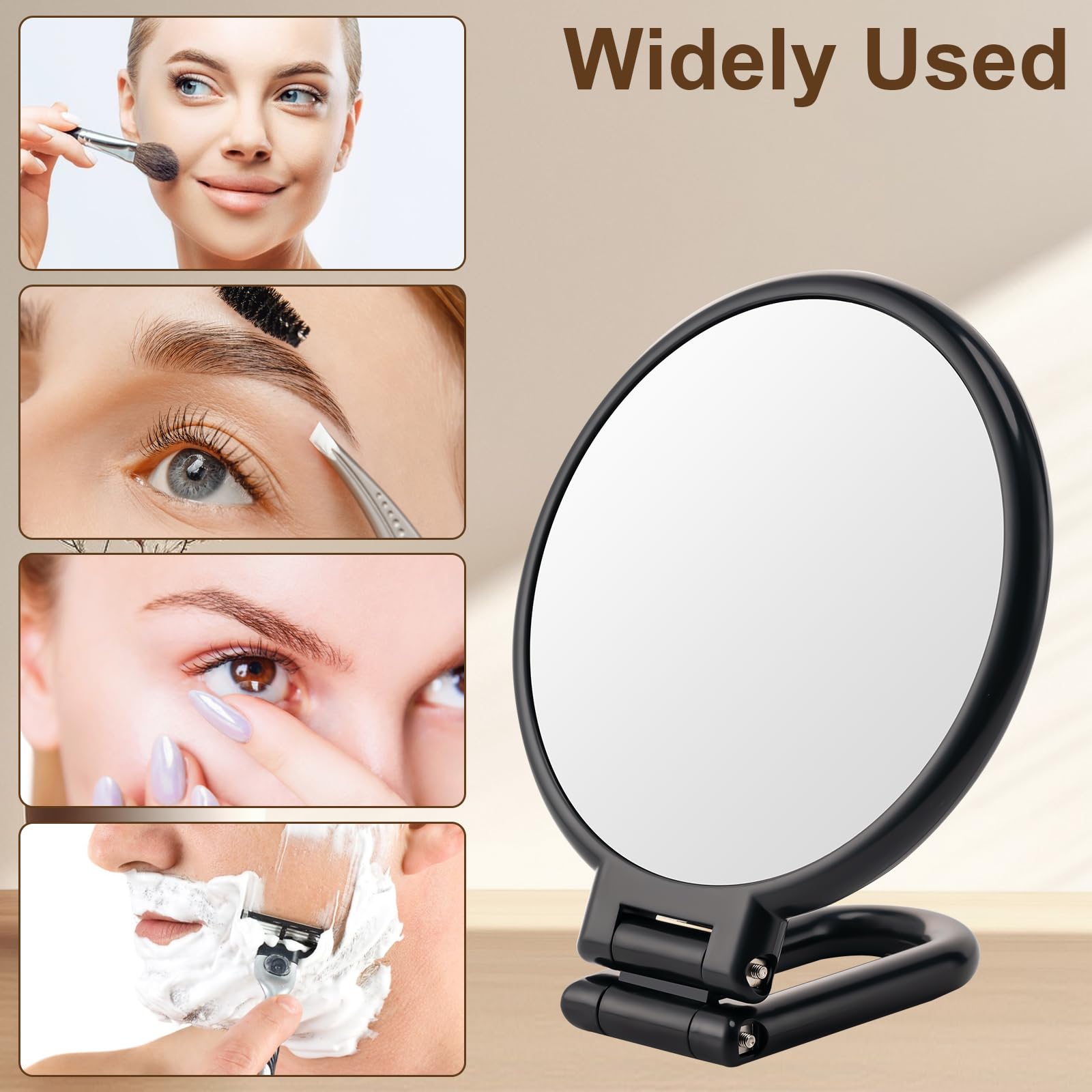 BOOMIBOO 1X/10X Magnifying Handheld Mirror Double Sided, Foldable Travel Makeup Mirror, Adjustable Rotation Pedestal Hand/Hanging/Desk Vanity Mirror-Black