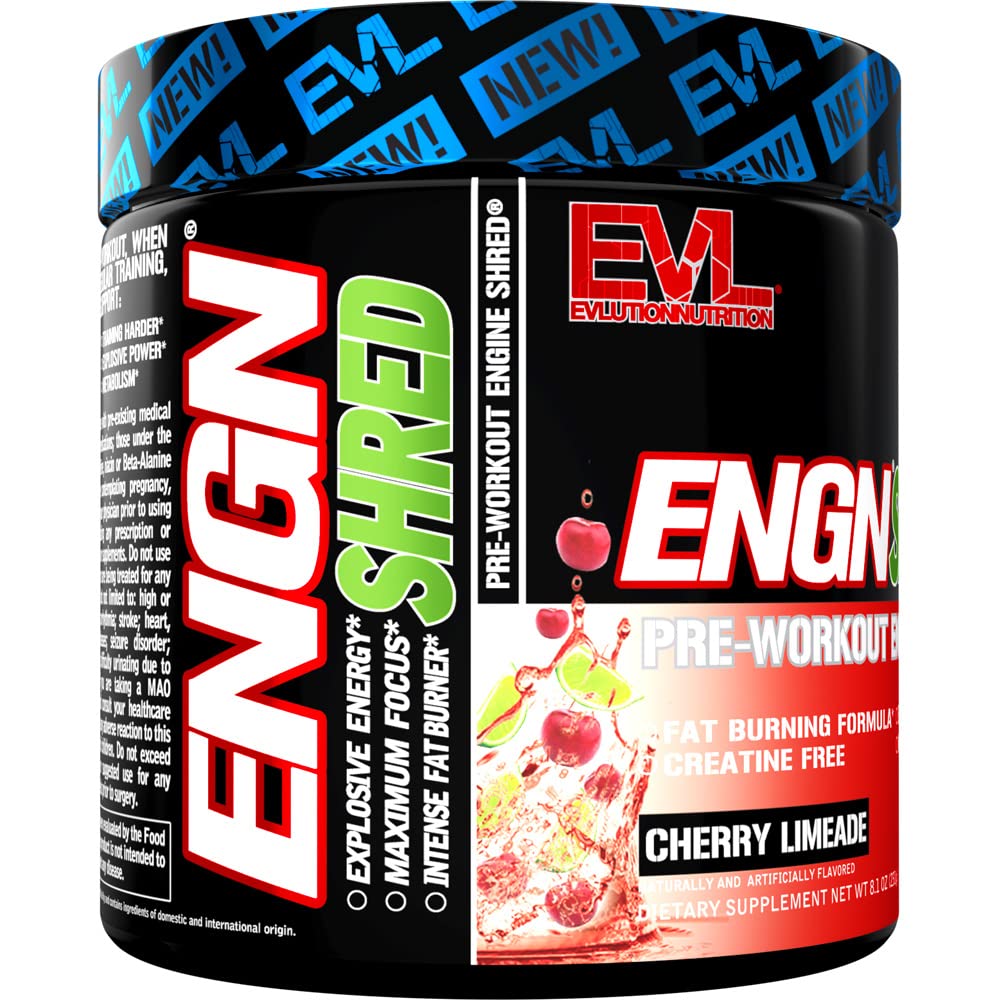 EVL Ultimate Pre Workout Powder - Thermogenic Fat Burner Preworkout Powder Drink for Lasting Energy Focus and Stamina - ENGN Shred Intense Fat Burning Creatine Free Preworkout Drink - Cherry Limeade