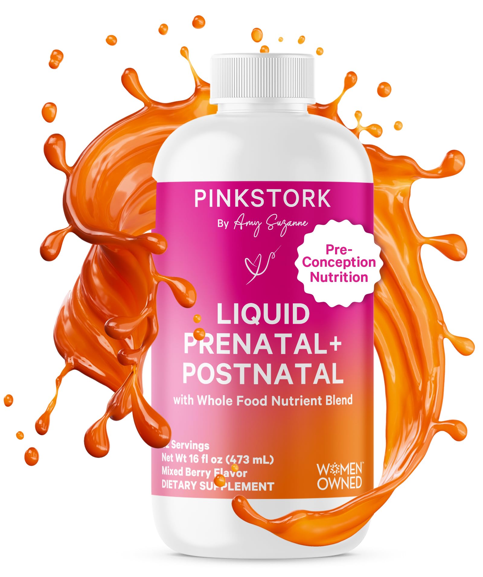 Pink Stork Liquid Prenatal Vitamins for Women - Berry Flavor - Organic Food Blend - for Fertility, Pregnancy, Postpartum- Morning Sickness Support - Breastfeeding and Lactation - 32 Servings