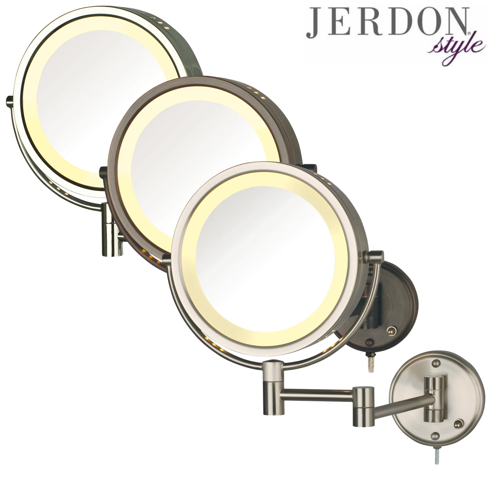 Jerdon HL75N 8.5-Inch Lighted Wall Mount Makeup Mirror with 8x Magnification, Nickel Finish