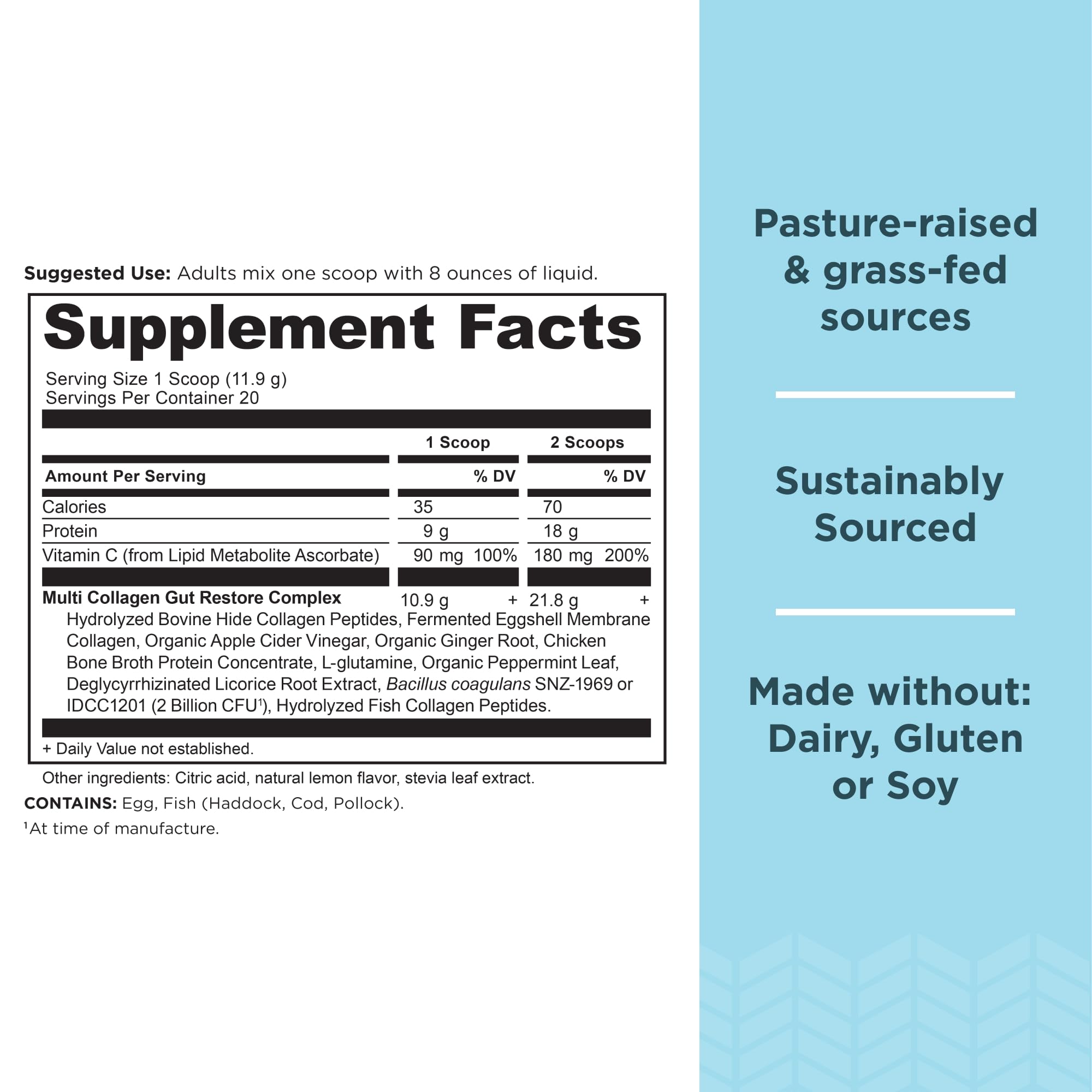 Ancient Nutrition Collagen Powder Protein, Multi Collagen Protein Gut Restore, Lemon Ginger, Apple Cider Vinegar, Vitamin C, Hydrolyzed Collagen Peptides for Healthy Hair and Nails, 8.4 oz