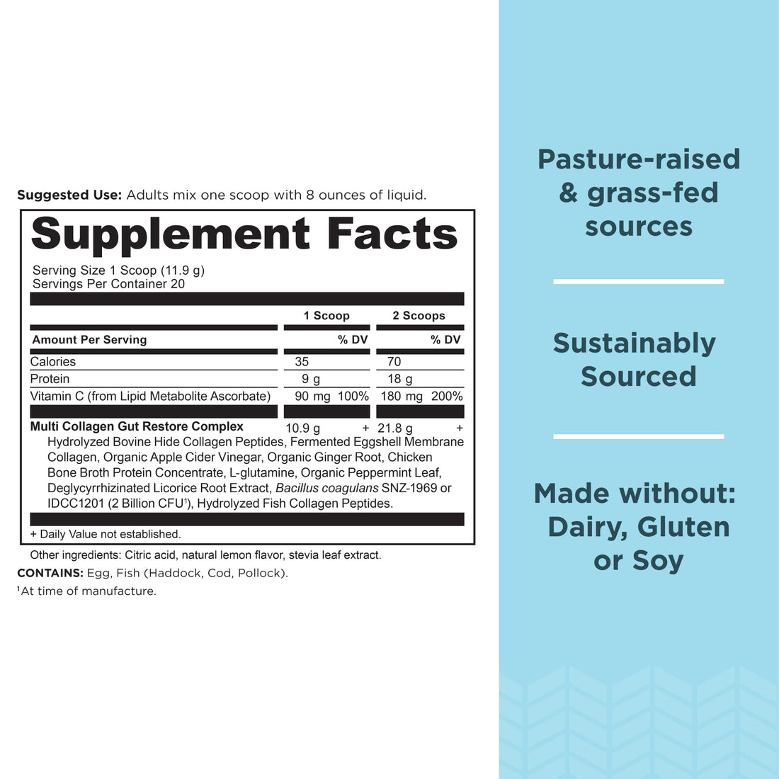 Ancient Nutrition Collagen Powder Protein, Multi Collagen Protein Gut Restore, Lemon Ginger, Apple Cider Vinegar, Vitamin C, Hydrolyzed Collagen Peptides for Healthy Hair and Nails, 8.4 oz