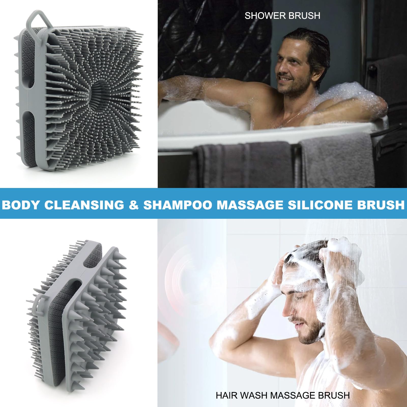 WETANG Silicone Body Scrubber Men, Dual-Sided Design Exfoliating Body Brush Buffer Scrubber and Scalp Massager, Shower Scrubber for Body, Silicone Loofah, Ergonomic No-Slip, Easy to Clean (Grey)
