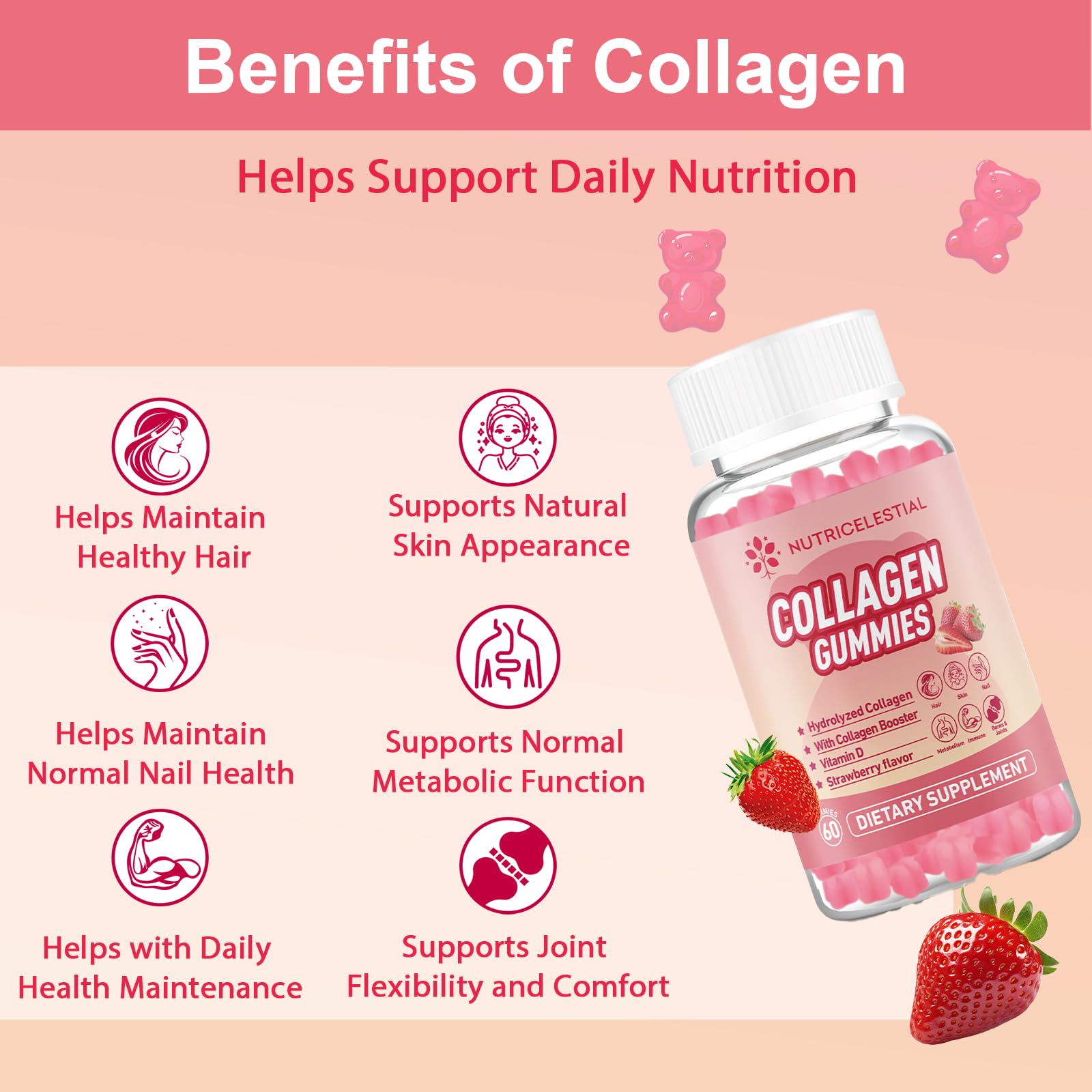 NUTRICELESTIAL Collagen Gummies - Hydrolyzed Collagen with Vitamin D & Biotin, 60 Strawberry Gummies, May Support Skin, Hair, Nails, Immune & Joint Health - Non-GMO, Gluten & Dairy-Free