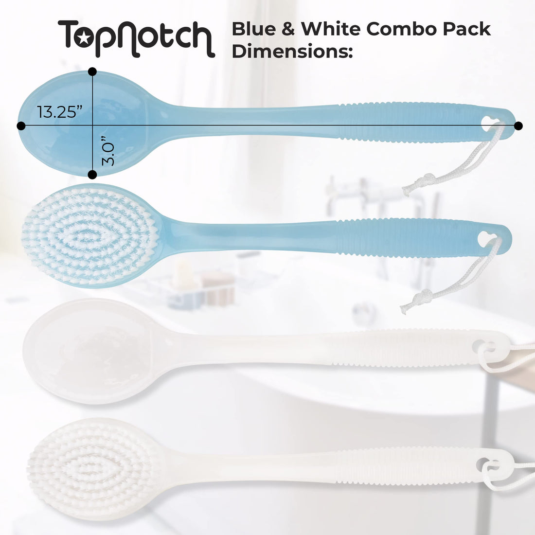 TopNotch® Quality Bath Brush Value Pack - 2 Brushes. 1 Clear and 1 Blue, Shower Brush. Back Scrubber. Long Handle