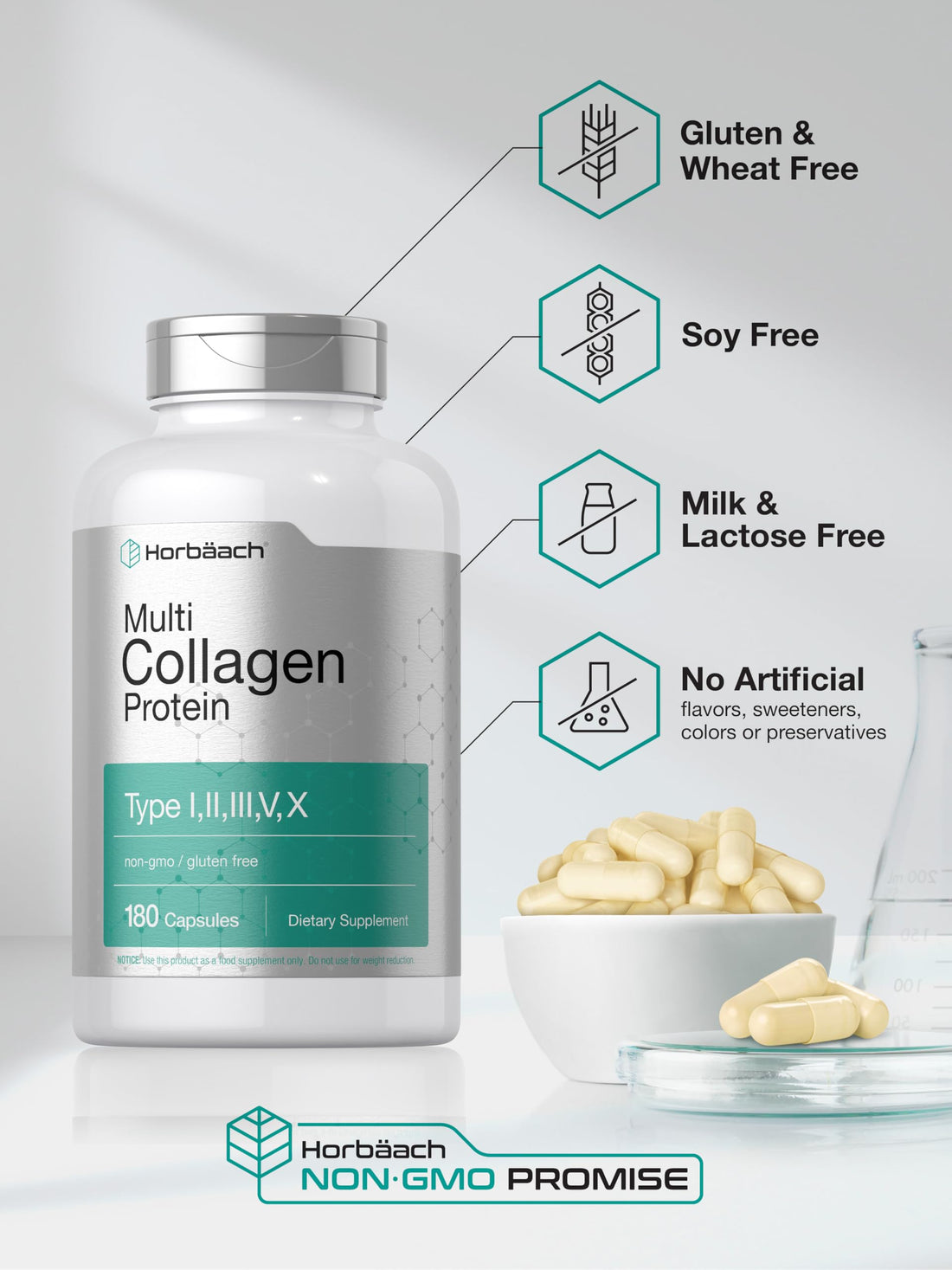 Horbäach Multi Collagen Protein 2000 mg | 180 Capsules | Hydrolyzed Collagen Type I, II, III, V, X | Keto & Paleo Friendly, Non-GMO, Gluten Free Supplement