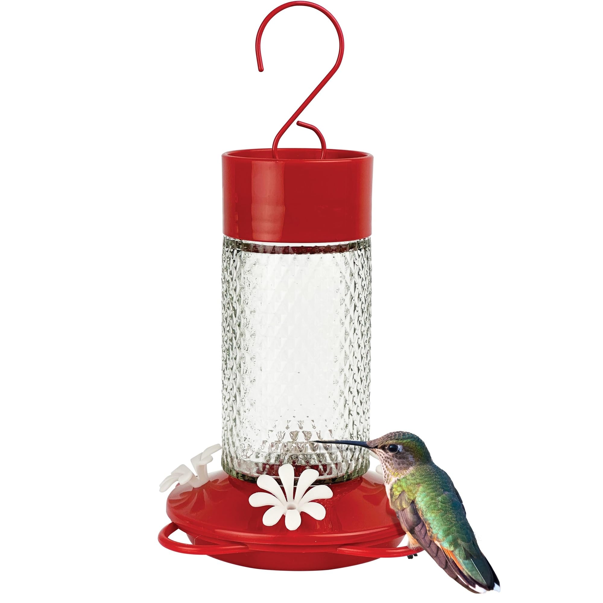 Nature's Way Hanging Glass Hummingbird Feeder for Outdoor Décor, 13 Ounce Capacity Nectar Feeder, Ant Moat, 4 Easy to Clean Flexible Ports, Red