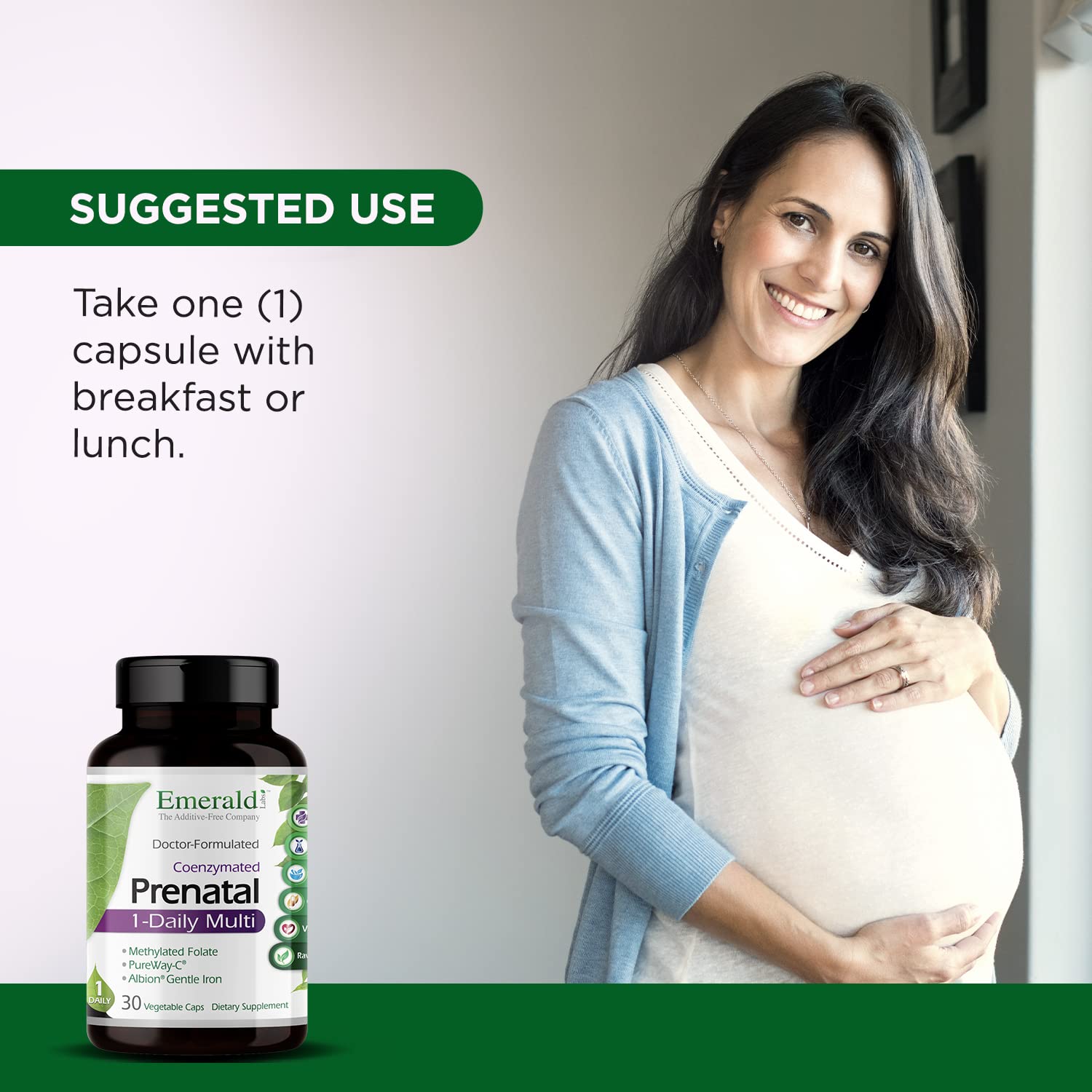 EMERALD LABS Prenatal 1-Daily Multi - Prenatal Multivitamin with Methylated Folate, Iron, Whole-Food Blend & More - Soy-Free, Gluten-Free - 60 Vegetable Capsules