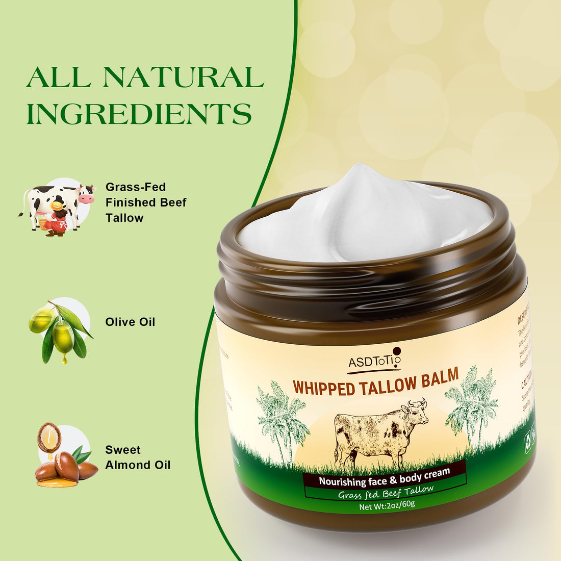 ASDToTio Handmade Whipped Tallow Balm for Skin Care- All Natural Grass Fed Beef Tallow All Purpose Balm,Face and Body Moisturizing Cream, Tallow Balm For Dry Skin- 2 oz