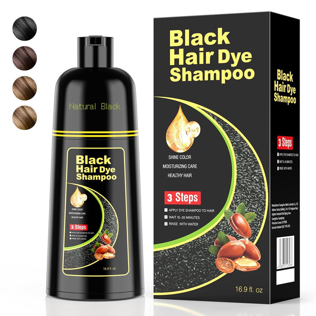 KAISASA Black Hair Dye Shampoo 3 in 1,Argan Natural Herbal Hair Color Shampoo Covers Gray Hair for Women and Men (16.9 fl.oz Black)