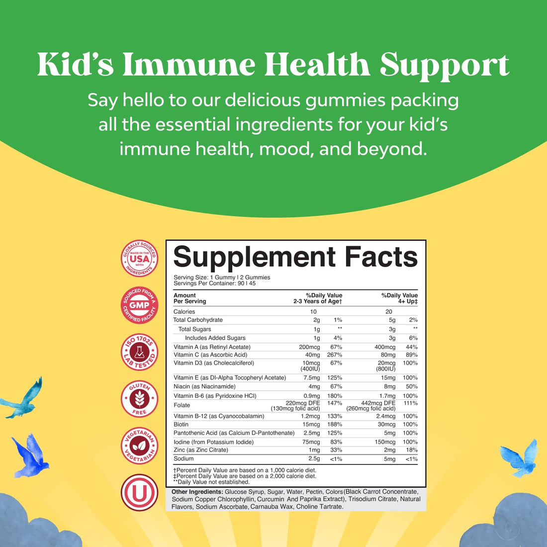 Plant Based Kids Multivitamin Gummies - Multivitamin for Kids Immune Support with Vitamins A, C, D3, E, B6 & B12, Zinc & Iodine - Children's Vitamins Chewable Formula for Strong Health - 90 Count