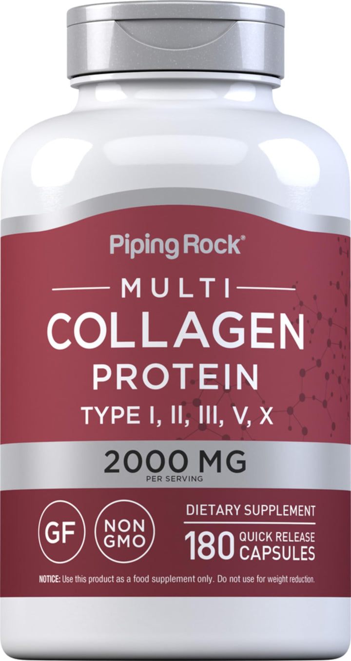 Piping Rock Multi Collagen Protein | 180 Capsules | 2000mg | Types I, II, III, V, X | Non-GMO, Gluten Free