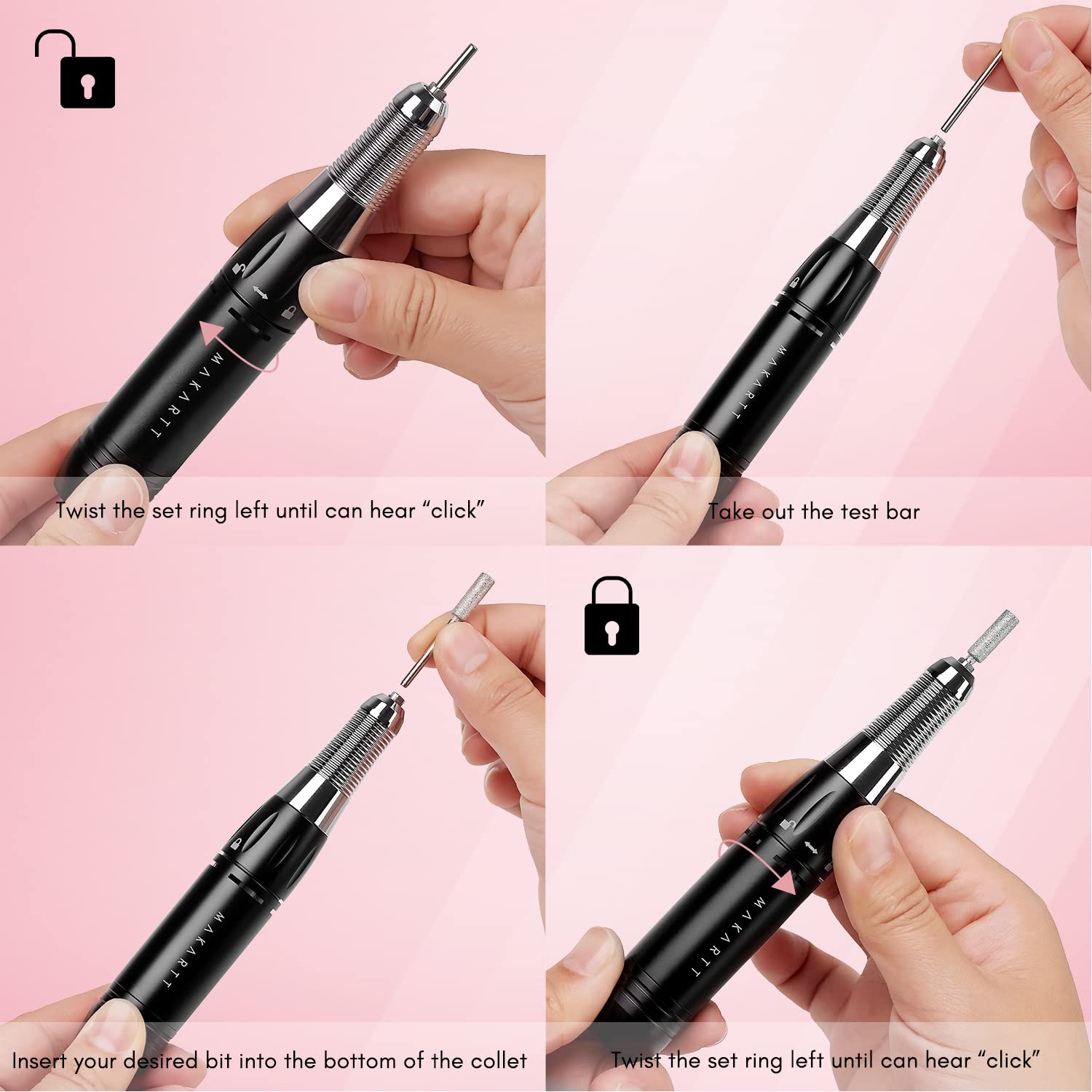 Makartt Stefy Portable Nail Drill, Handheld Electric Nail File Kit for Acrylic Nails Nail Drill Manicure Pedicure Polishing Shape Tools for Home Salon Use Black USB