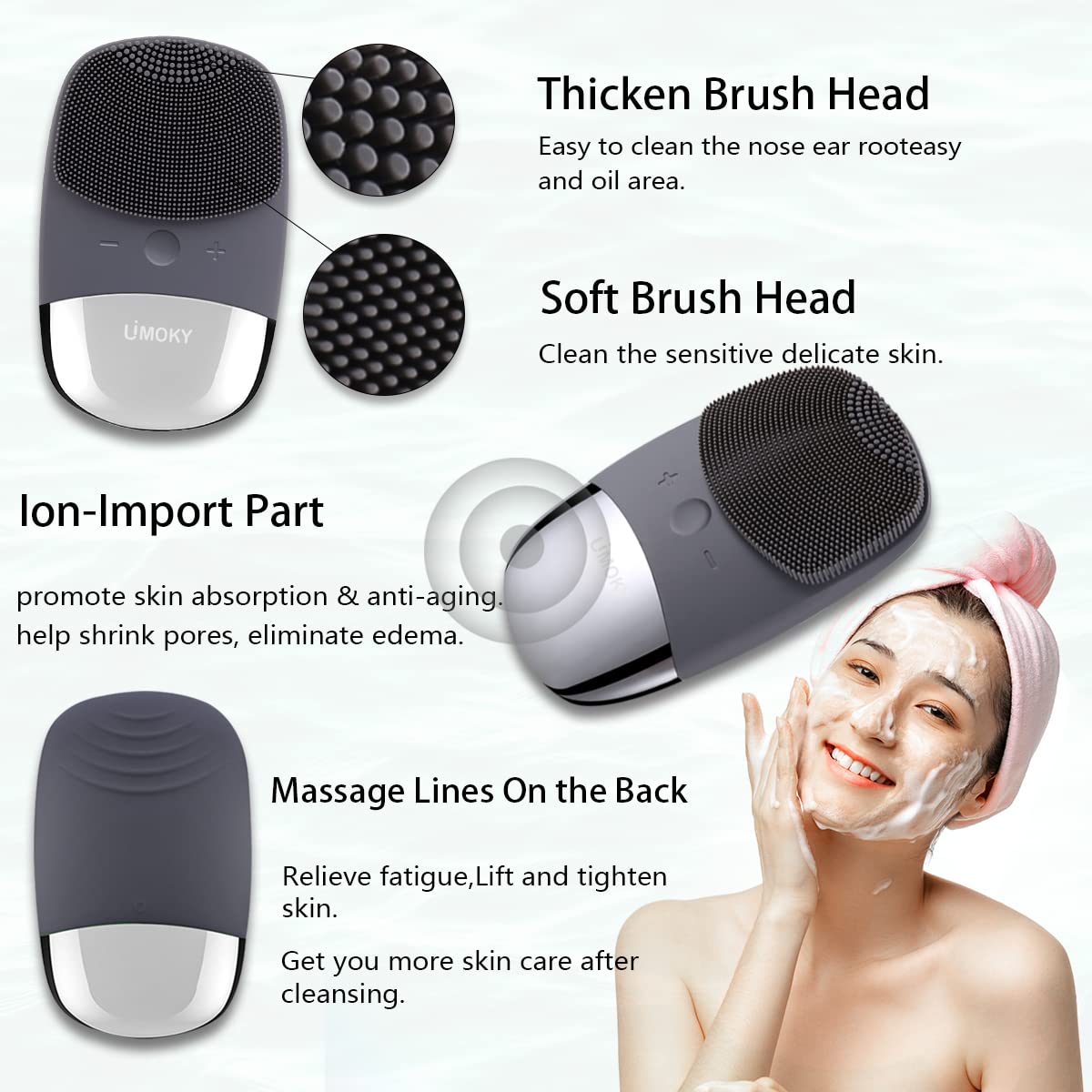 Facial Cleansing Brush, 3-in-1 Electric Silicone Face Scrubber, Vibrating Massager, IPX7 Waterproof, USB Rechargeble Brush for Deep Cleanning, Blackhead Remover, Exfoliating (Gray)