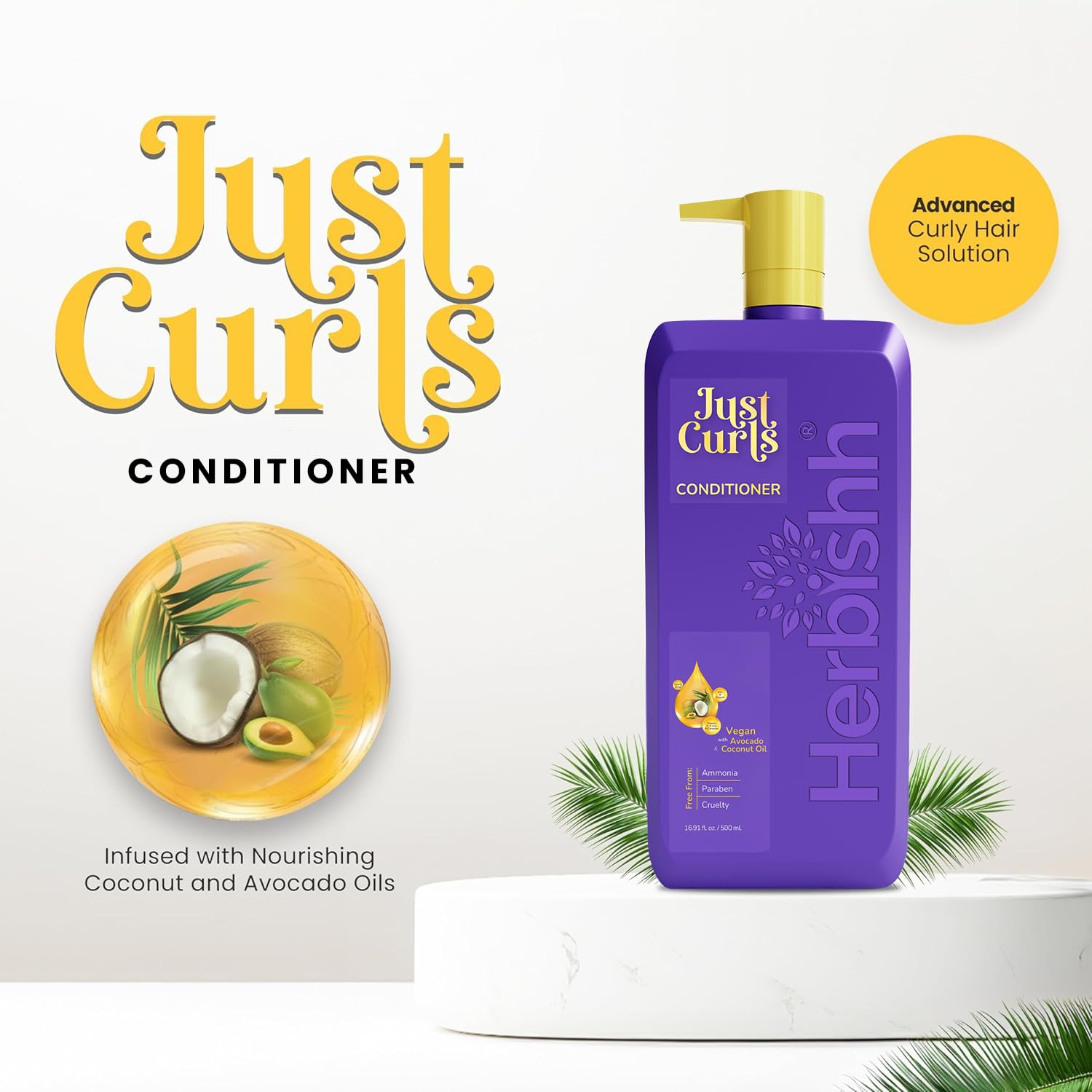 Herbishh Just Curls Conditioner with Avocado Oil Nourishing Curly Hair Conditioner Curl Enhancing Formula Repairs Damage Hair & Controls Frizz Vegan & Paraben-Free (16.91 fl.oz)