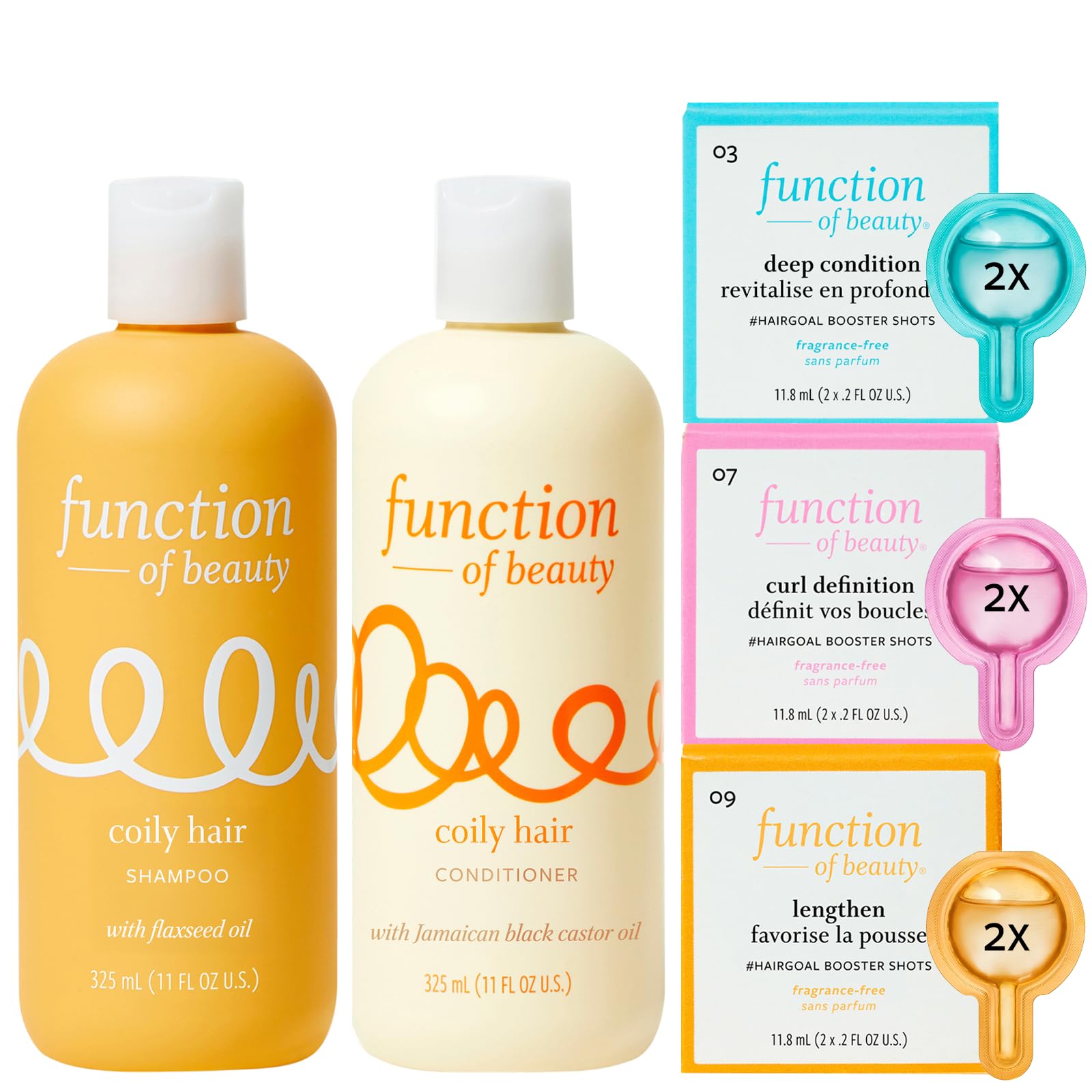Function of Beauty Coily Hair Shampoo + Conditioner (11 oz Each) + Curl Definition, Lengthen & Deep Condition #HairGoal Boosters Set - Sulfate-Free - Nourish, Hydrate & Revive Coils & Curls