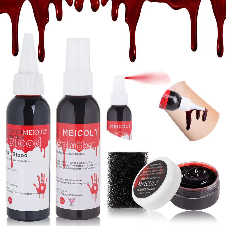 MEICOLY 4PCS Halloween Fake Blood Makeup Kit,Special Effects SFX Makeup Set for Zombie Vampire Monster Cosplay,2.1oz Fake Blood Spray+2.1oz Dripping Blood+1.06oz Coagulated Blood+Stipple Sponge