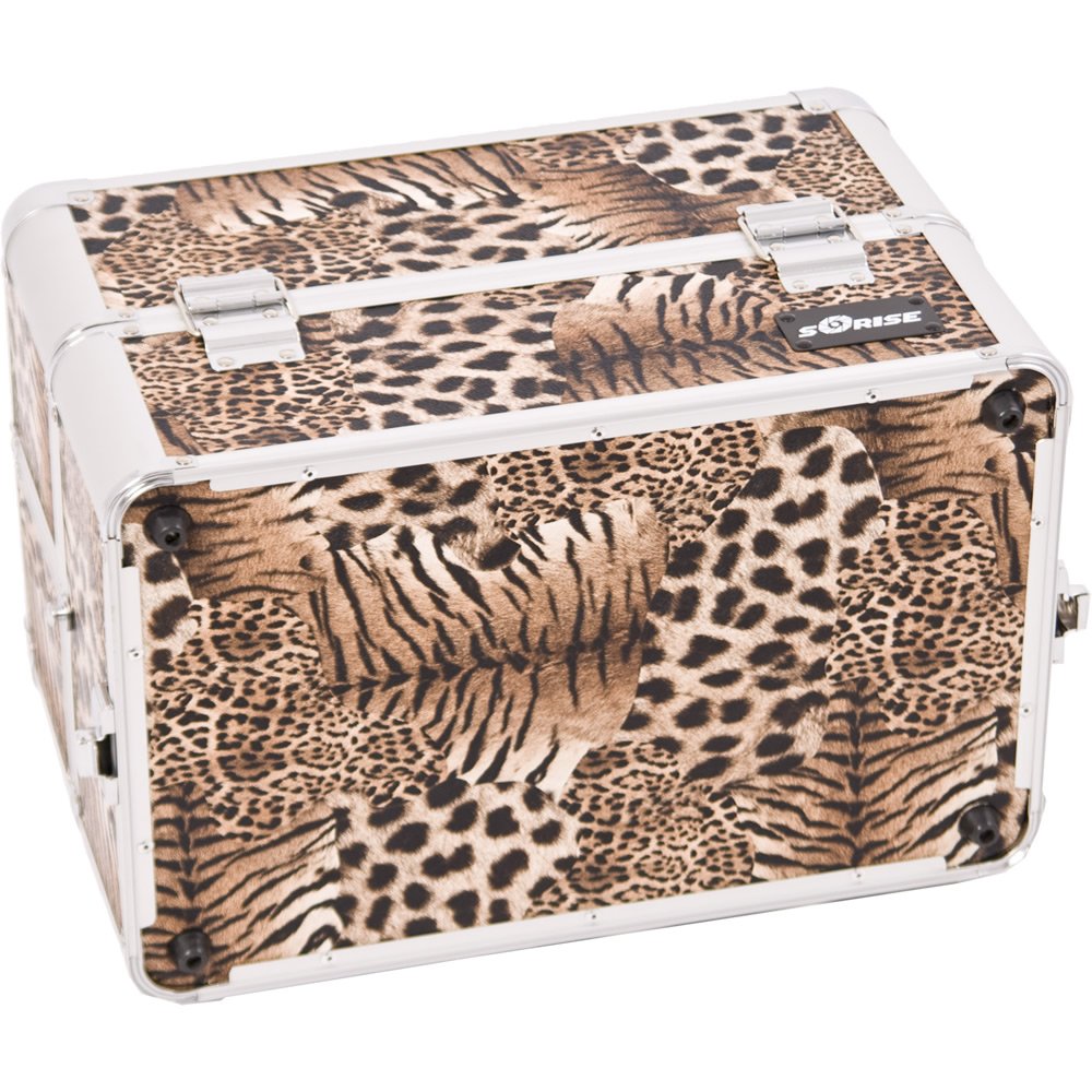 9.75 inch Brown Leopard Animal Print Interchangeable E Series 3 Extendable Customize Trays Aluminum Professional Makeup Artist Travel Train Case Cosmetics Storage Tote Organizer w/Shoulder Strap