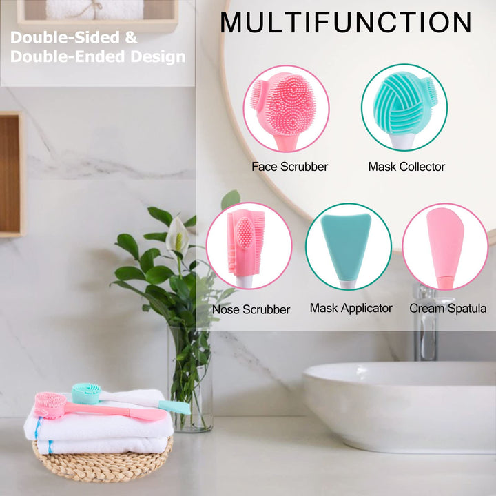 Beomeen 4 Pack Silicone Facial Cleansing Brush 4 in 1, Double-Ended Silicone Face Exfoliating Wash Scrub Brush for Face Skincare and Massage (Multicolored)